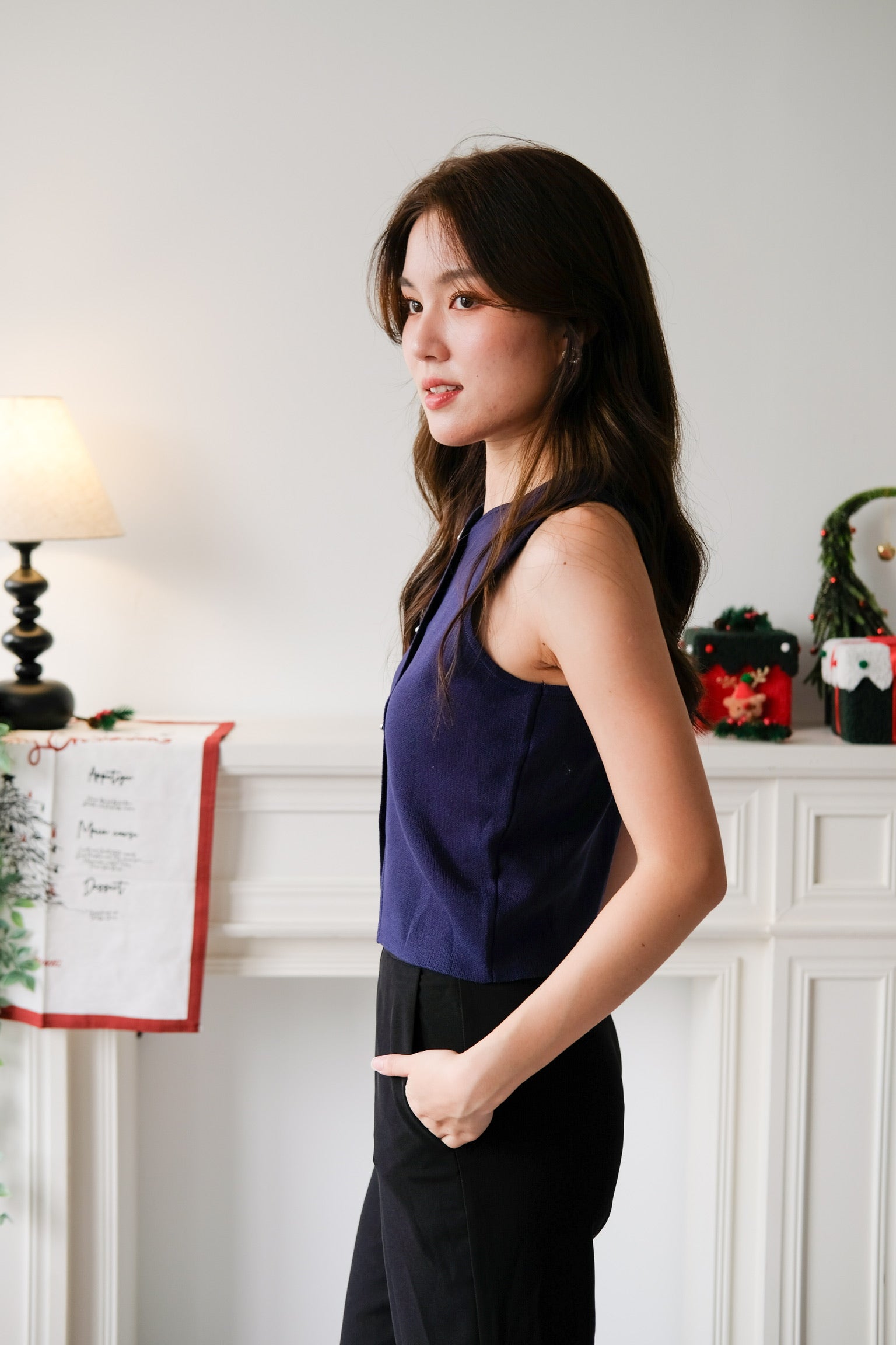 Zola Button Vest Top (Navy Blue)