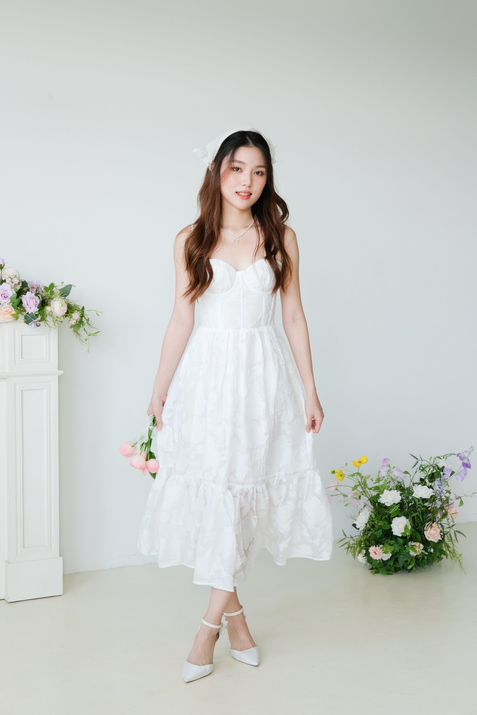 Natalia Floral Organza Midaxi Dress (White)