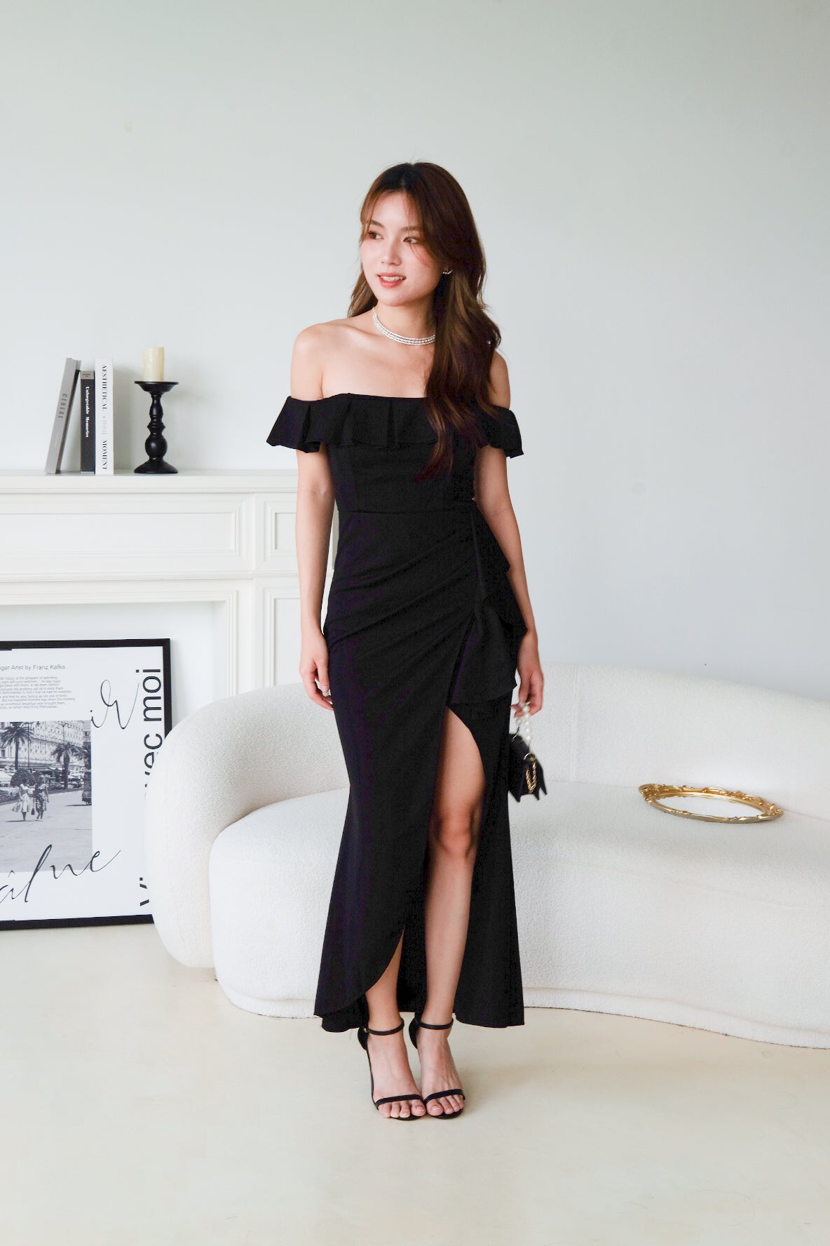 Dione Off Shoulder Slit Dinner Maxi Dress (Black)