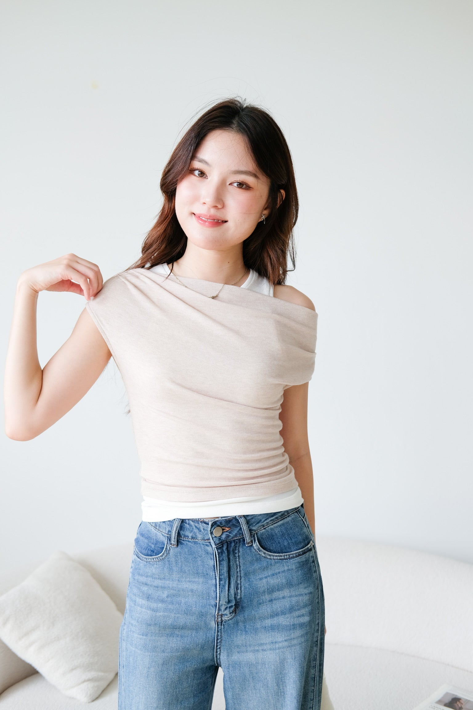 Mila Cold Shoulder Cotton Tank Top (Oat Beige)