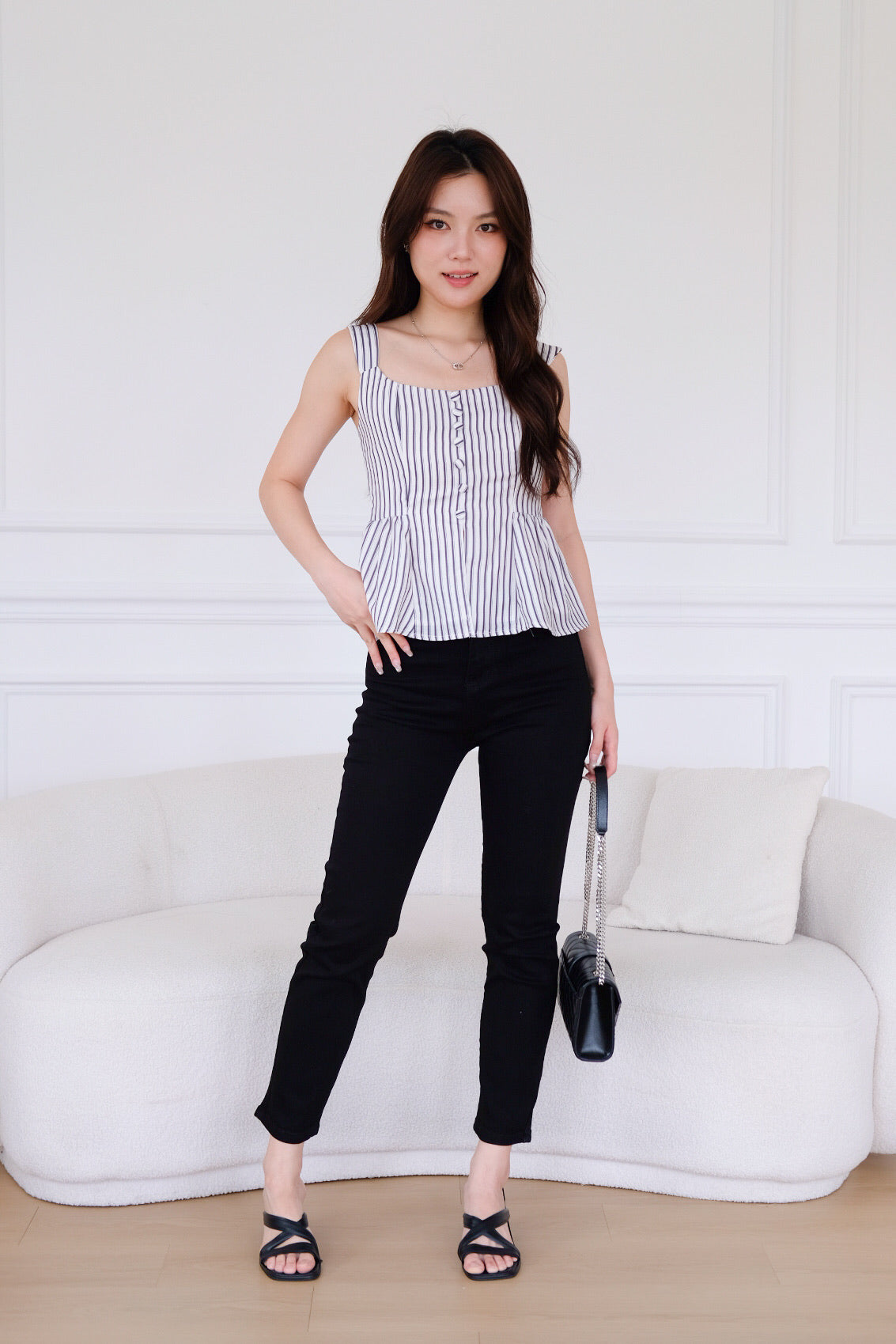 Naylie Peplum Front Slit Top (Blue Stripes)