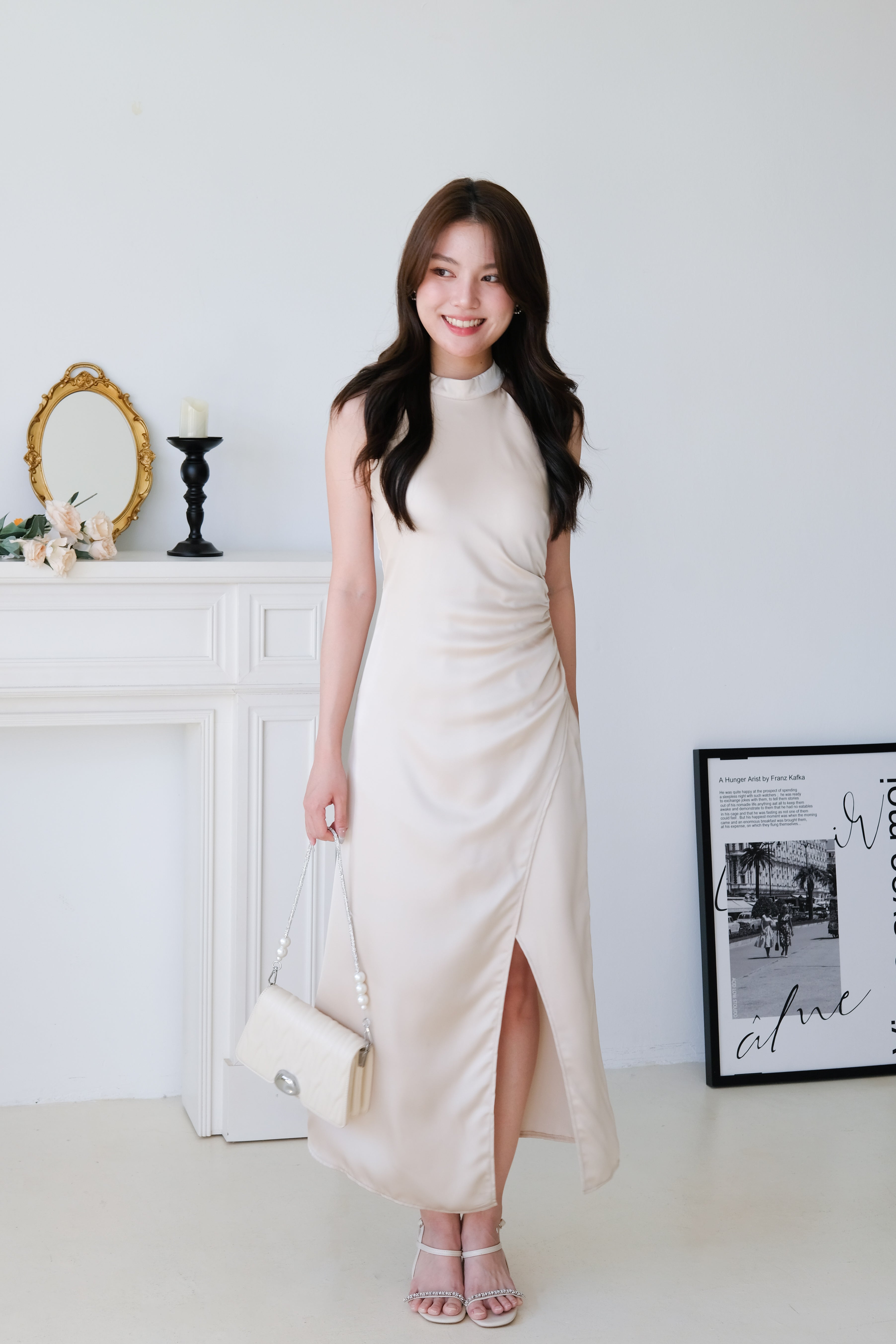 Elyanne Halter Satin Slit Maxi Dress (Champagne)