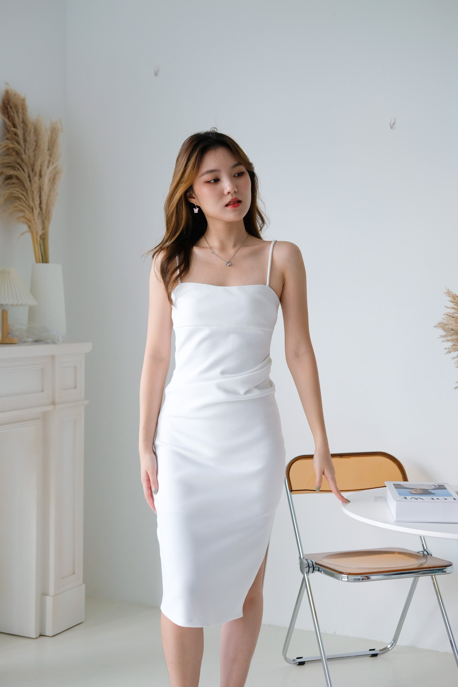 Claudine Ruched Midi Dress (White)