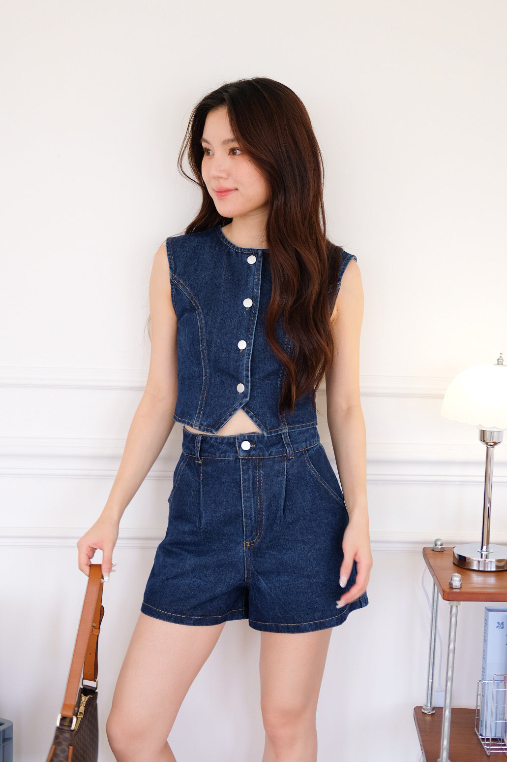 Velina Denim Vest Set (Dark Blue)