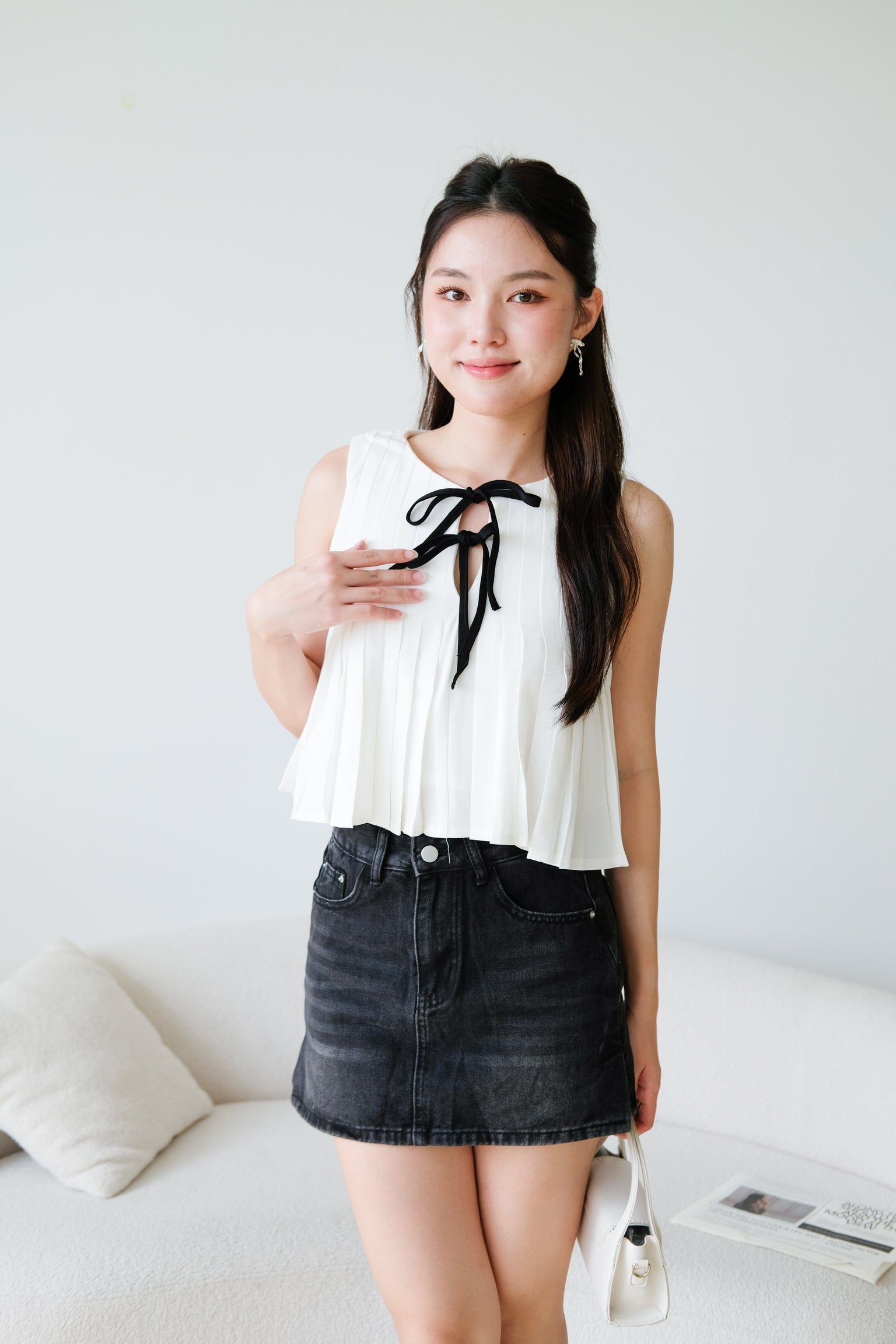Chantell Pleated Babydoll Top (White)