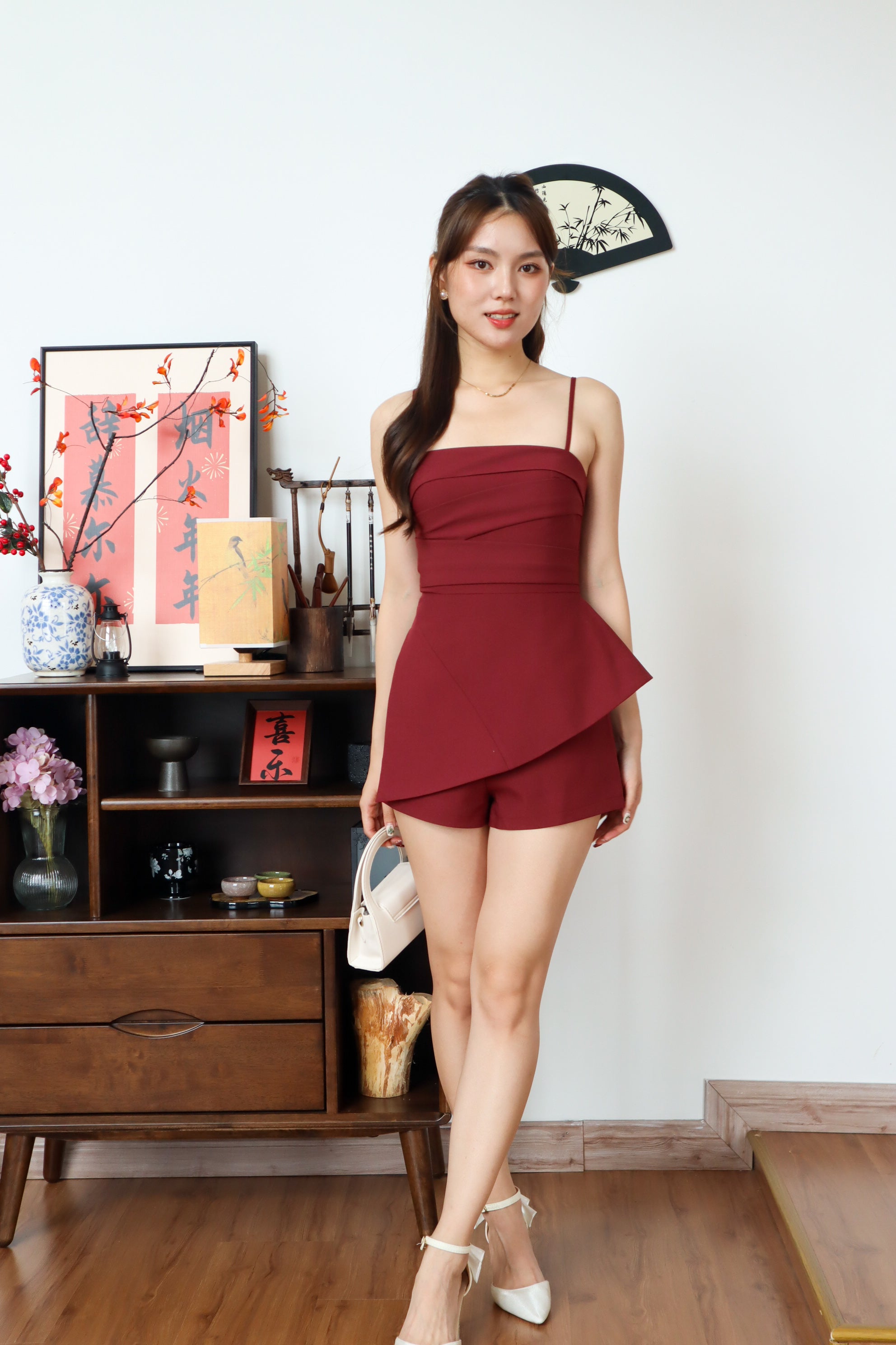 Cleo Folded Padded Asymmetrical Romper (Wine)