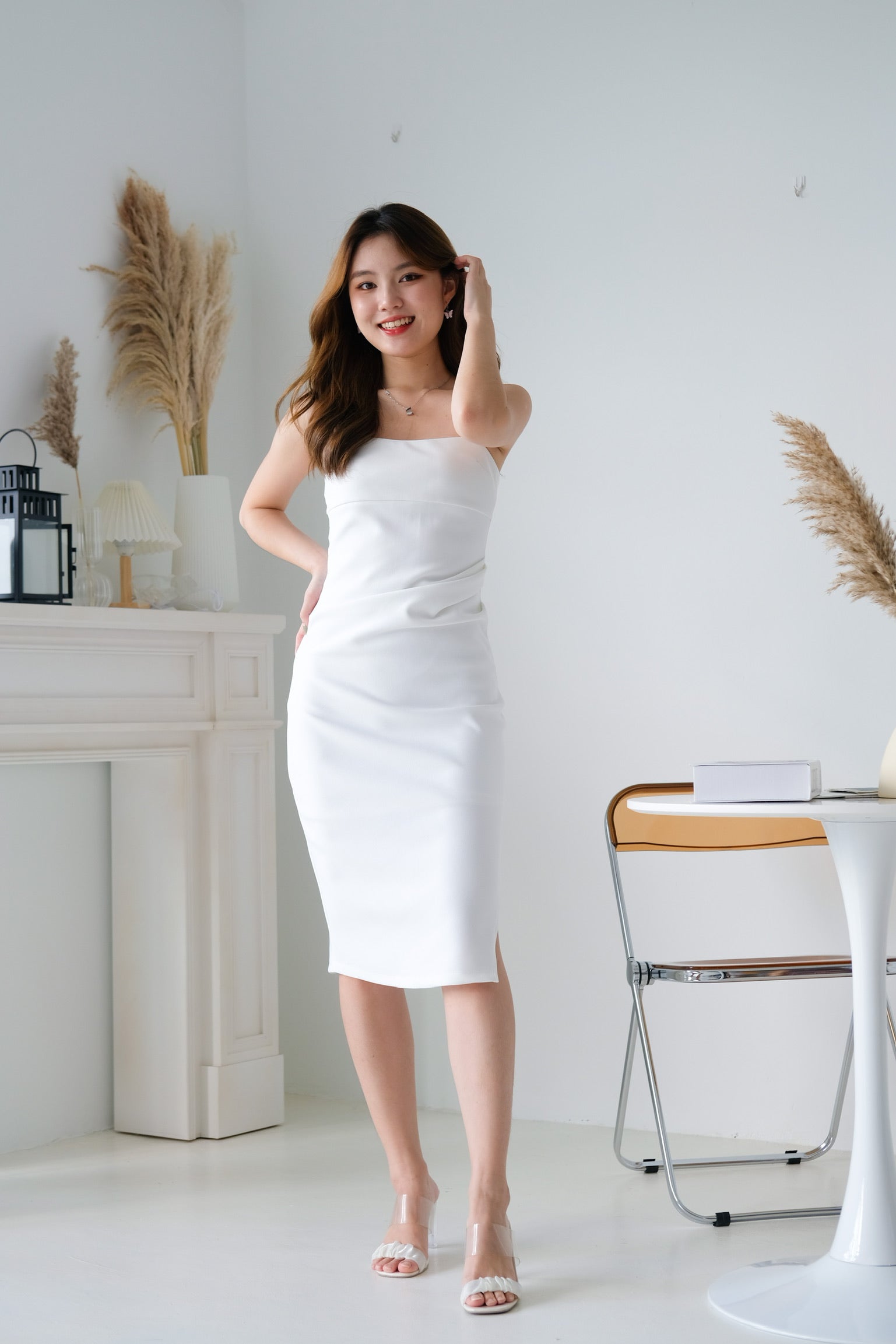 Claudine Ruched Midi Dress (White)