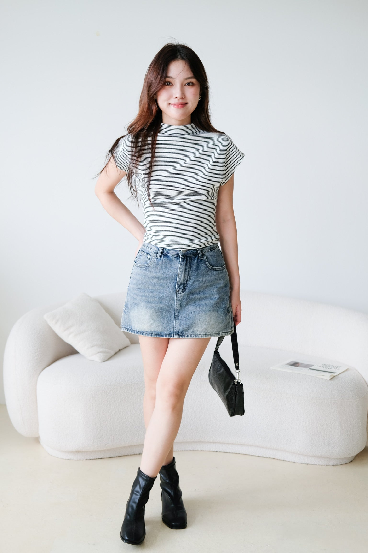 Lucca Batwing High Neck Shirt (White Stripes)