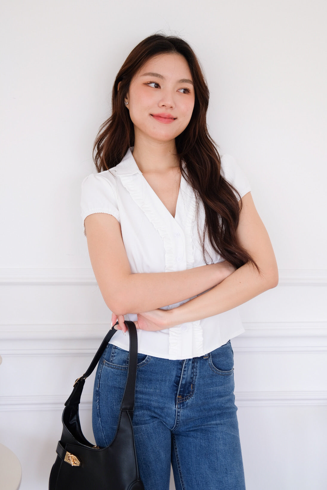 Marais Collared Ruffle Blouse Top (White)