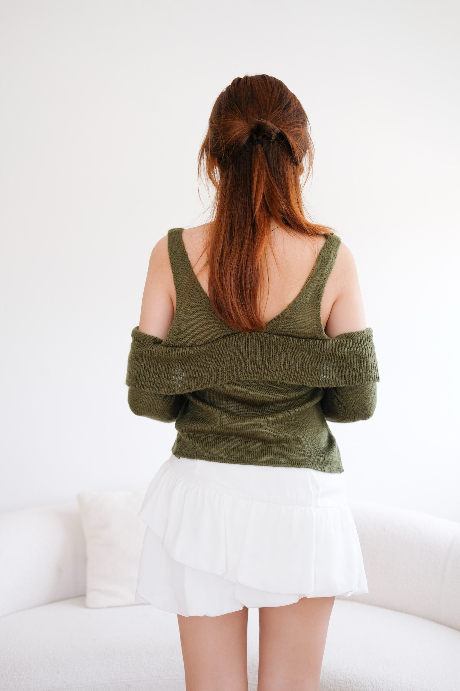Green Knit Cold Shoulder Long Sleeves Top