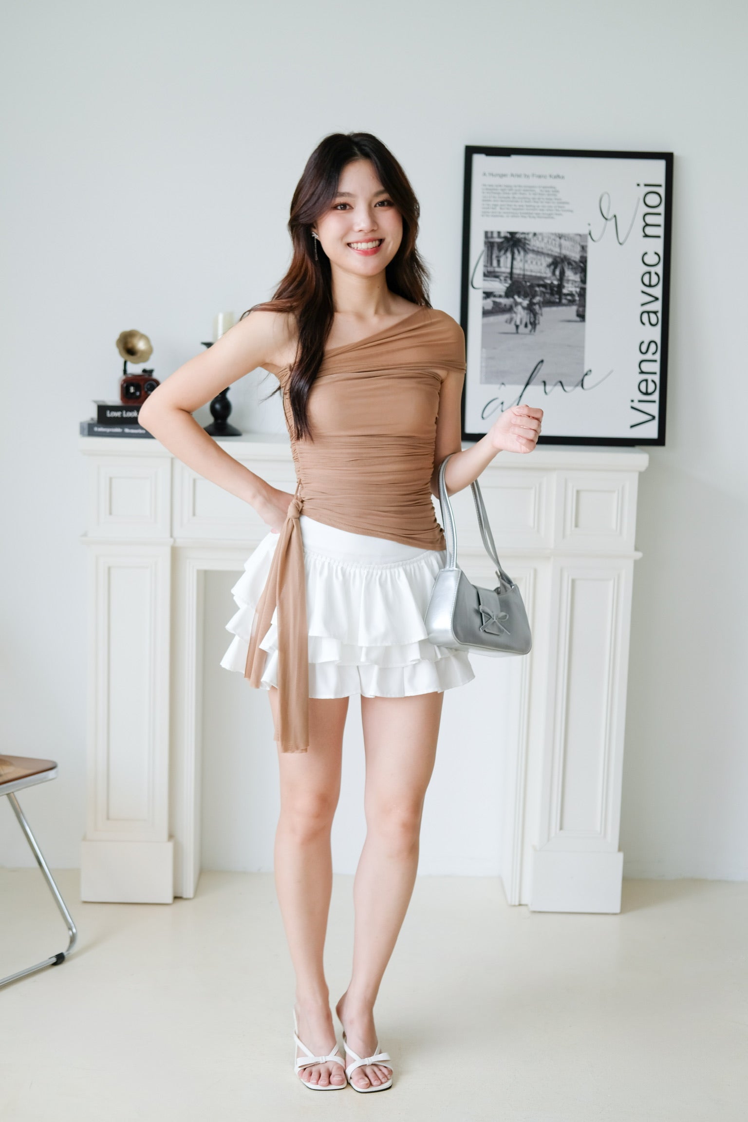 Vesper Toga Bodycon Chiffon Top (Khaki)