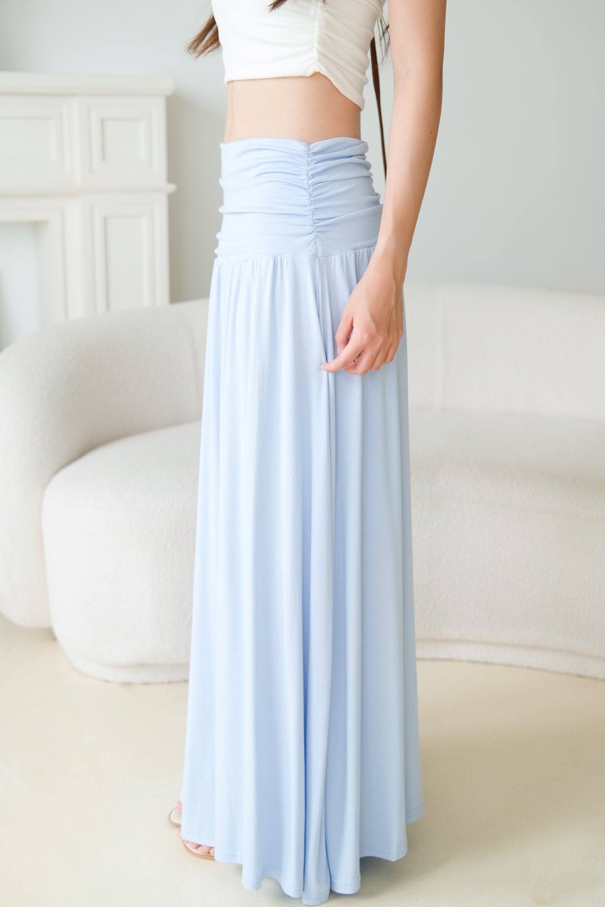 Emmeline Ruched Maxi Skirt (Baby Blue)