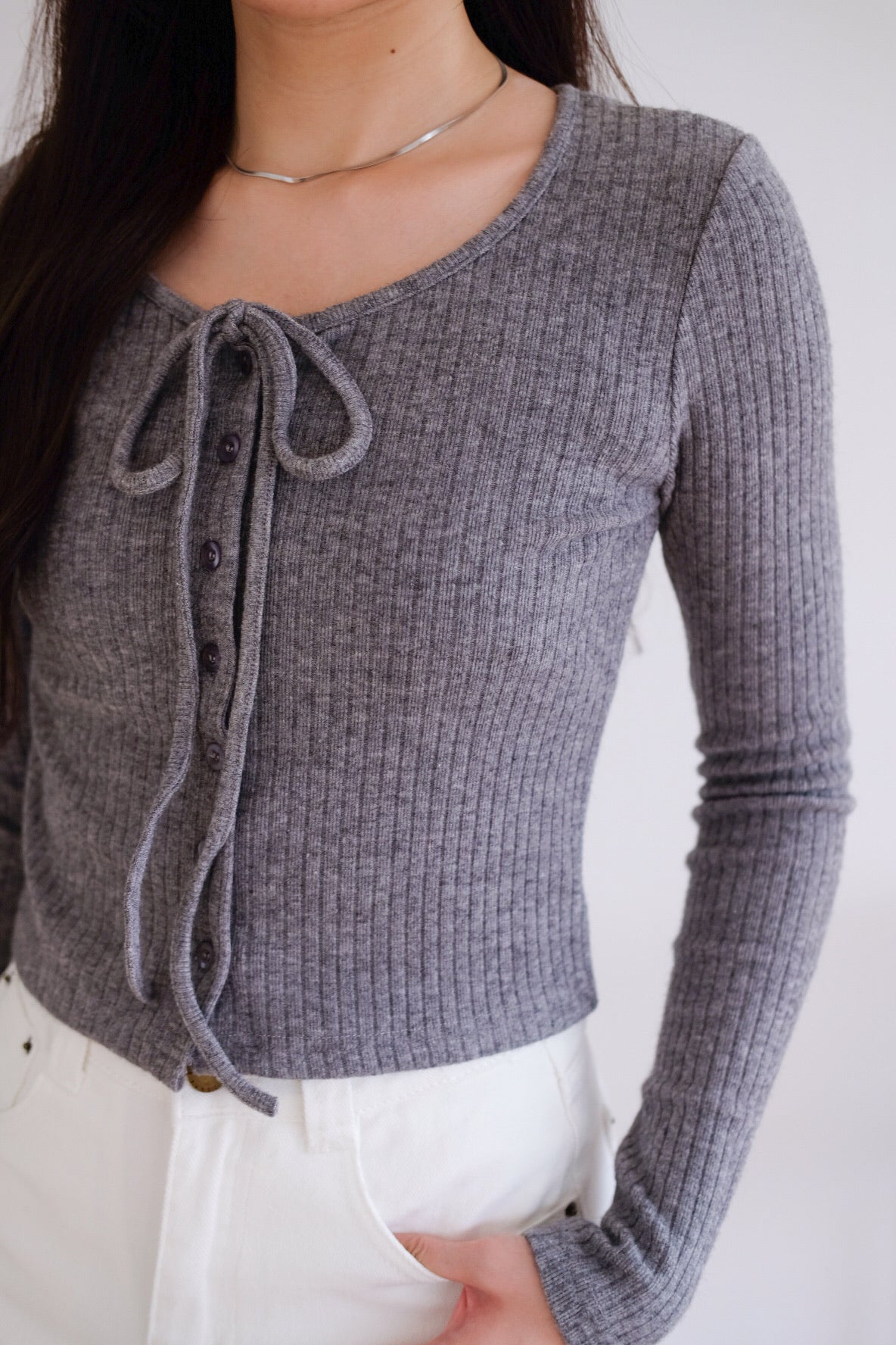 Coco Ribbon Long Sleeve Knit Top (Grey)