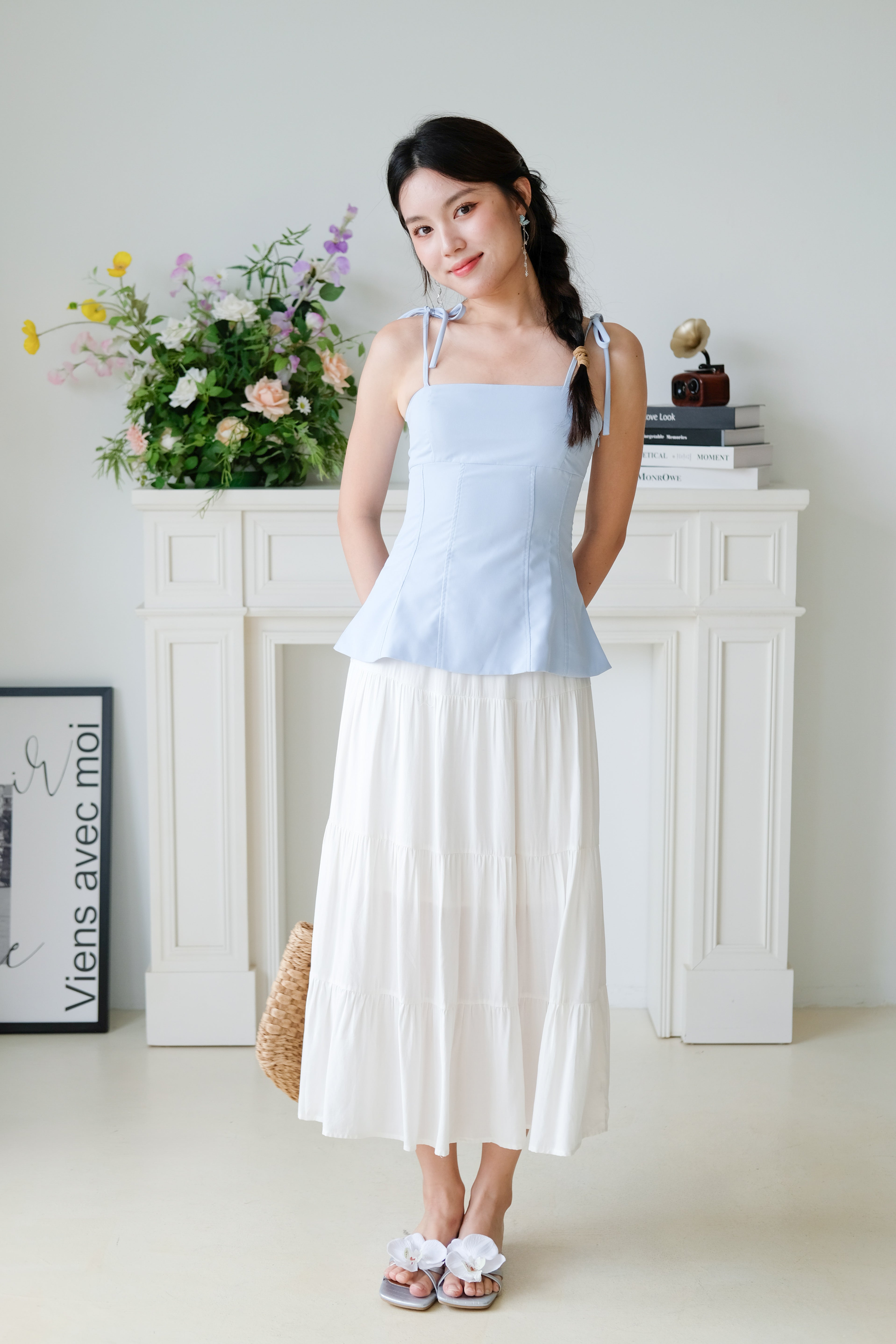 Marilyn Self Tie Ribbon Top (Plain Blue)