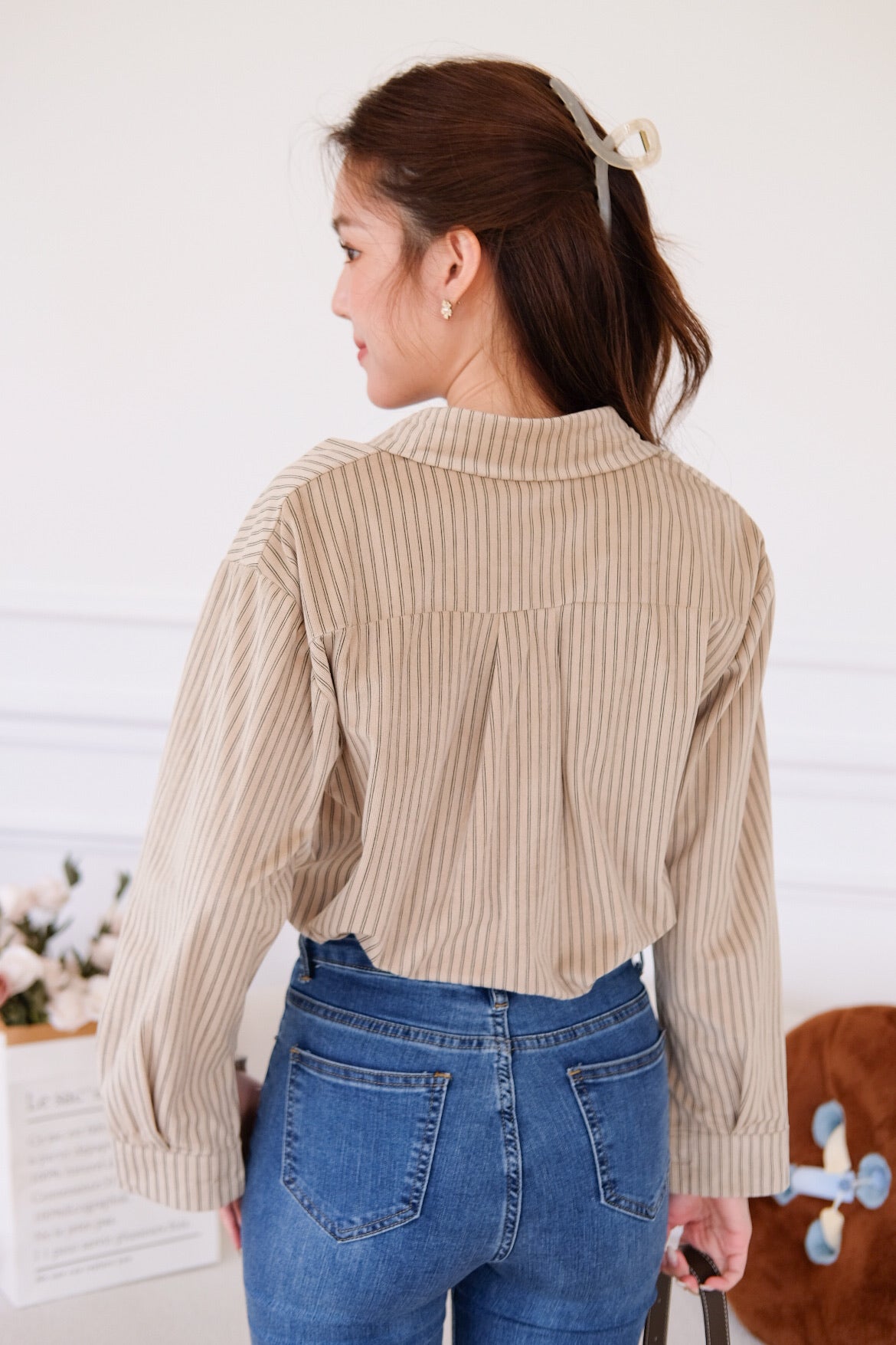 Henley Pinstripe Suede Shirt (Khaki)