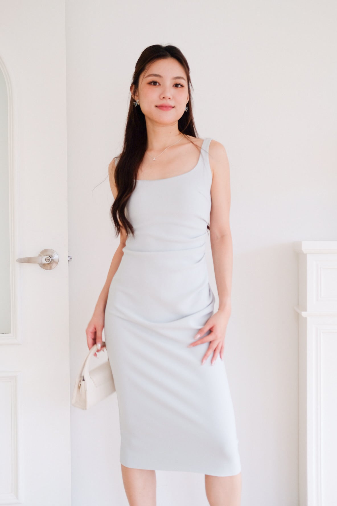 Claude Ruched Slim Fit Midi Dress (Light Sage)