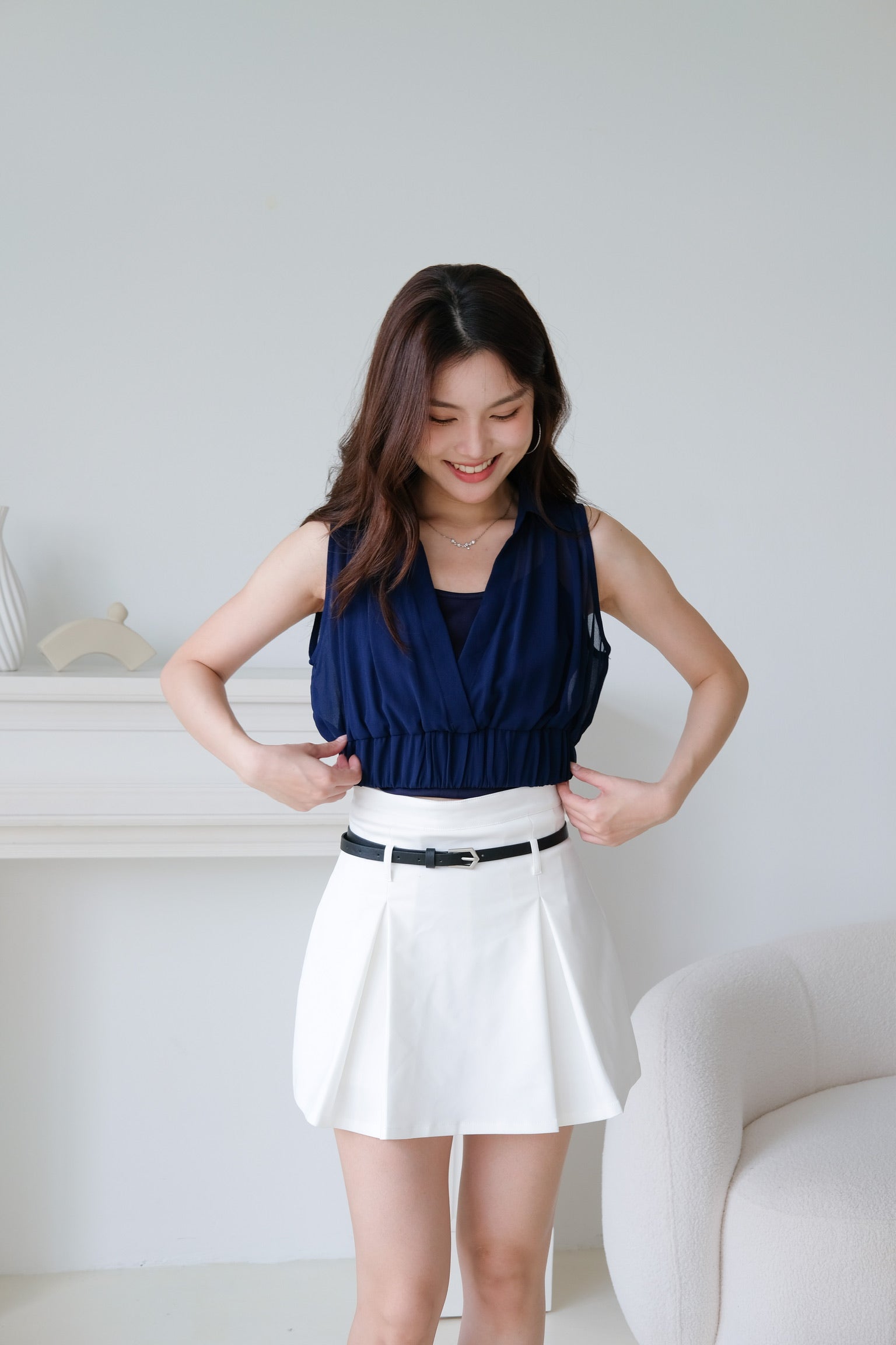 Eva Belt Thick Pleat Skirt (White)