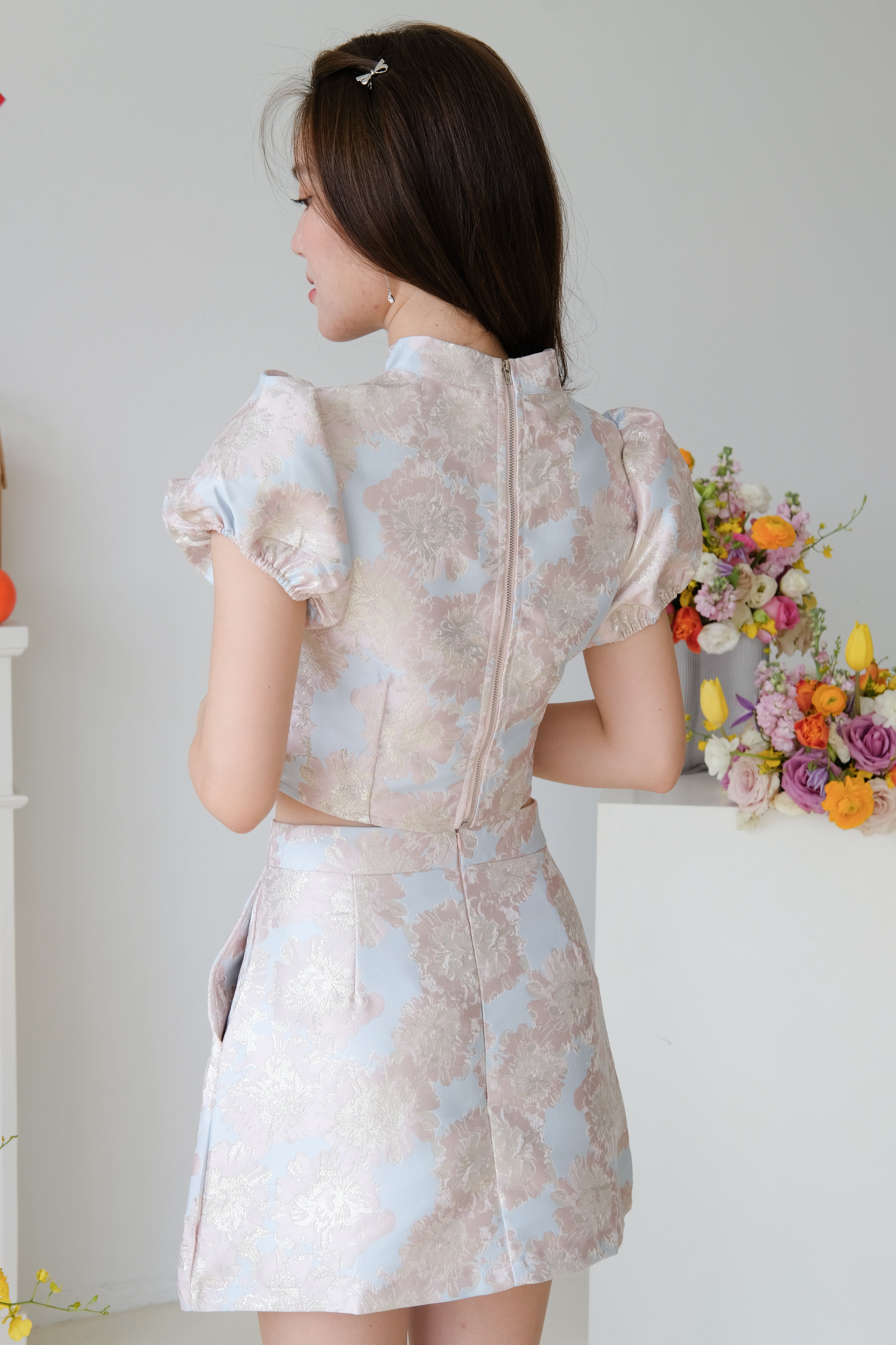 Spring Modern Cheongsam Set (Pinkish Blue)