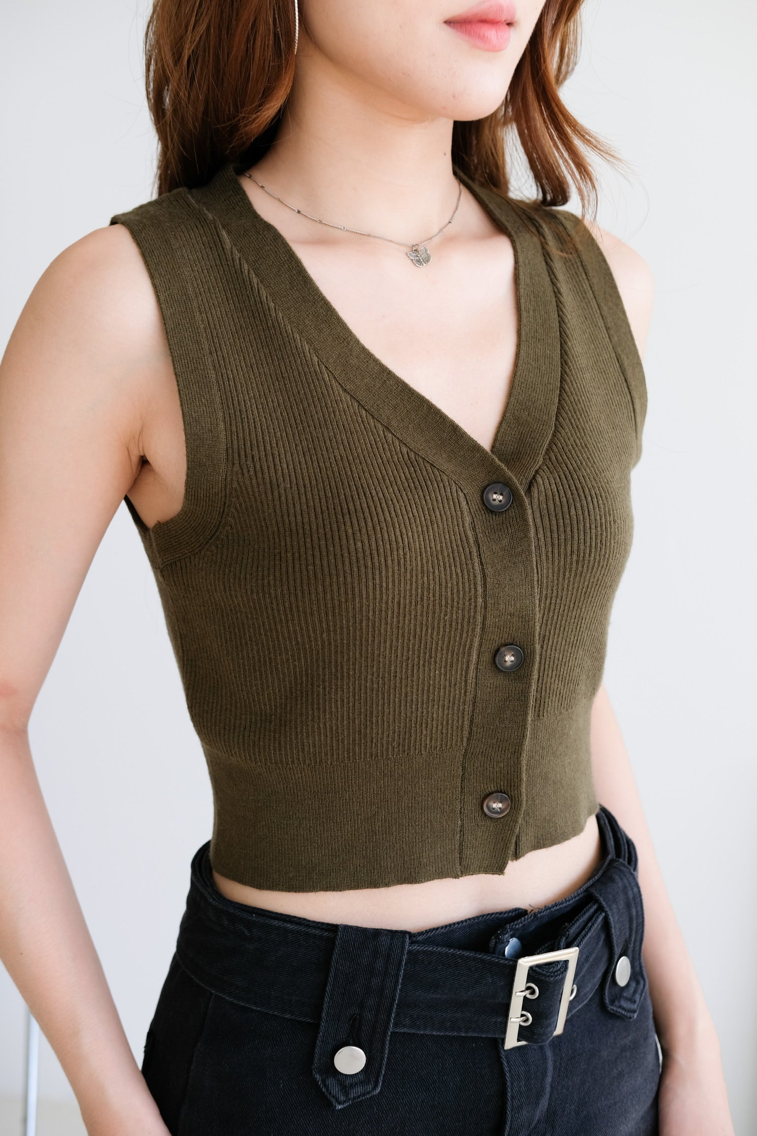 Nadia V Neck Vest Top (Olive)