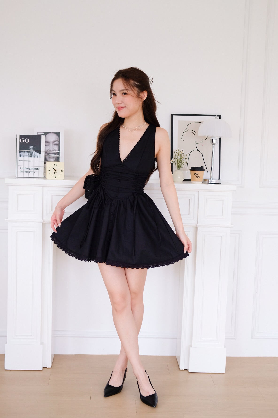 Elaine Lace Up Skater Dress (Black) [ETA 10 Sept]