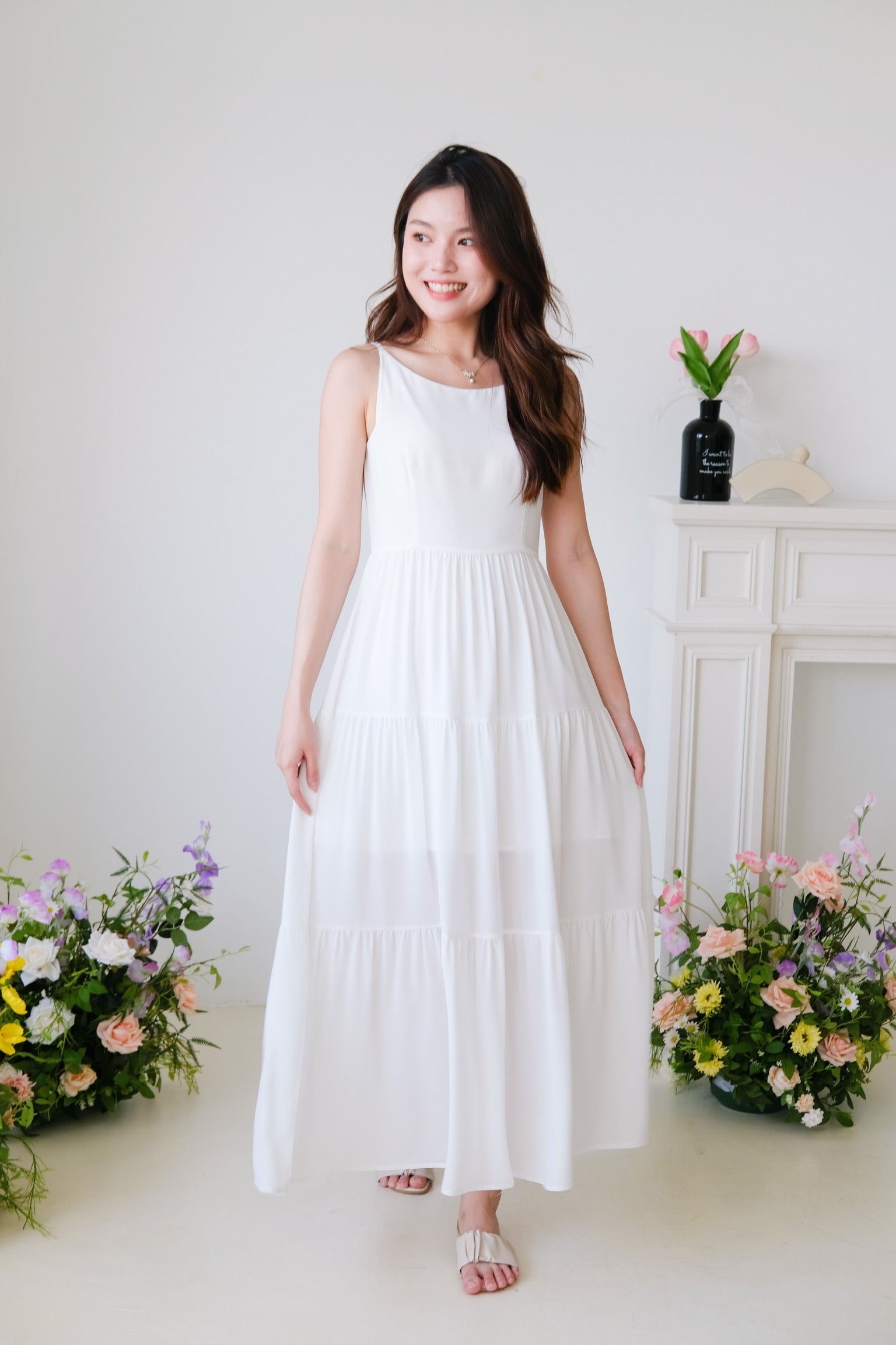 Bernice Boatneck Tiered Maxi Dress (White)