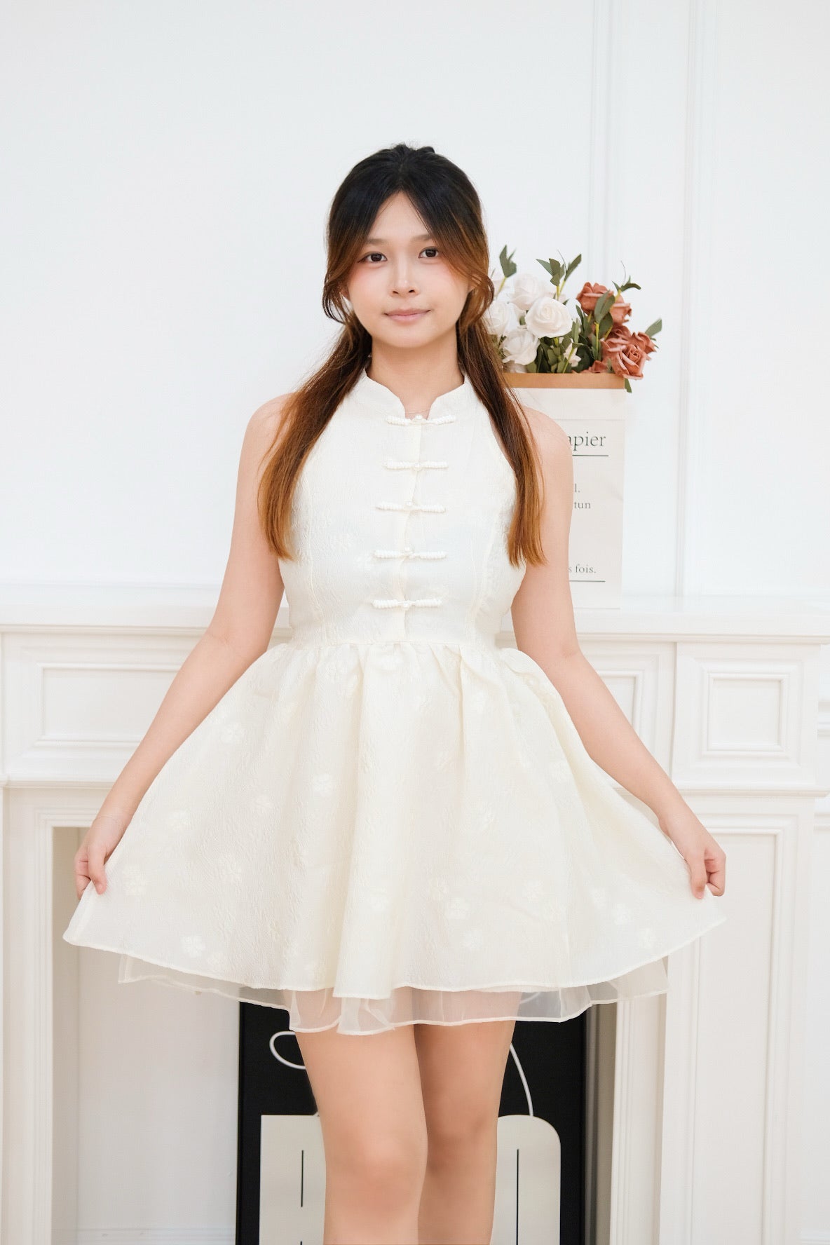 Cream Halter Bubble Cheongsam Dress