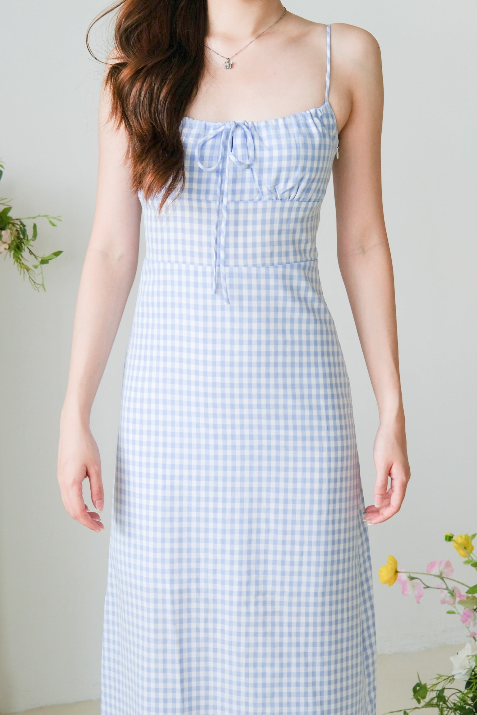 Veronnie Ruched Plaid Midi Dress (Blue)