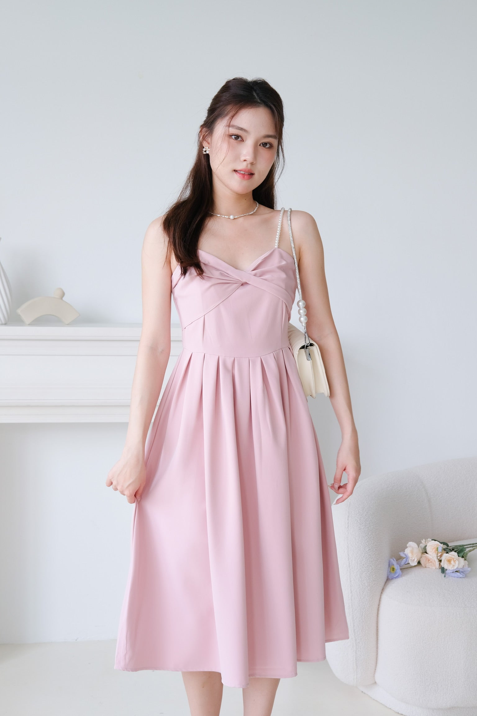 Mia Twist Sweetheart Pearl Midi Dress (Dusty Pink)