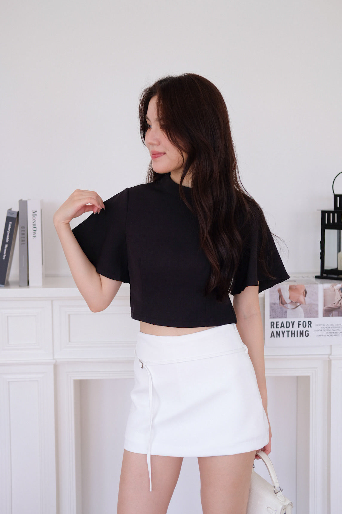 Veena Flutter Sleeves High Neck Top (Black)