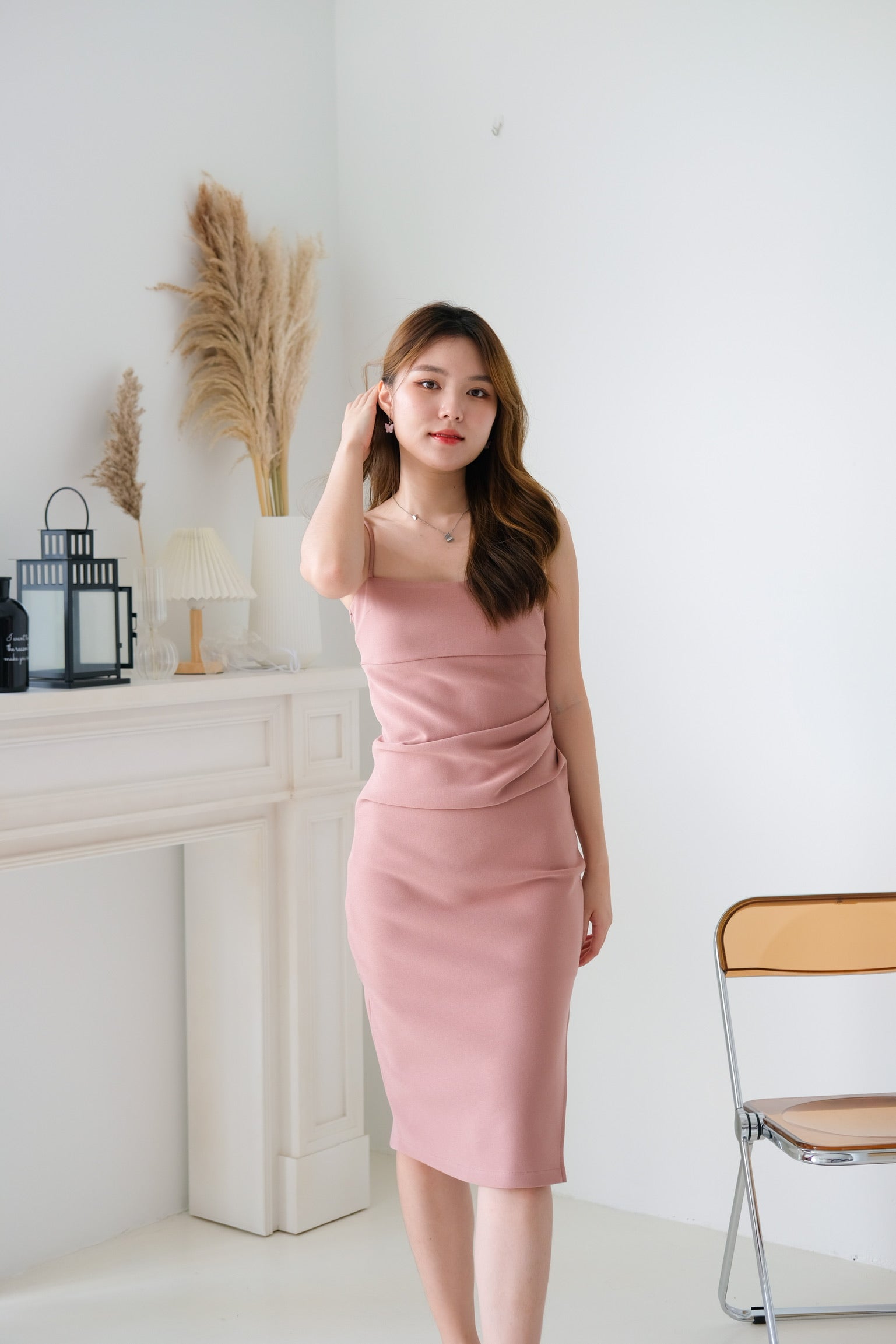 Claudine Ruched Midi Dress (Nude Pink)