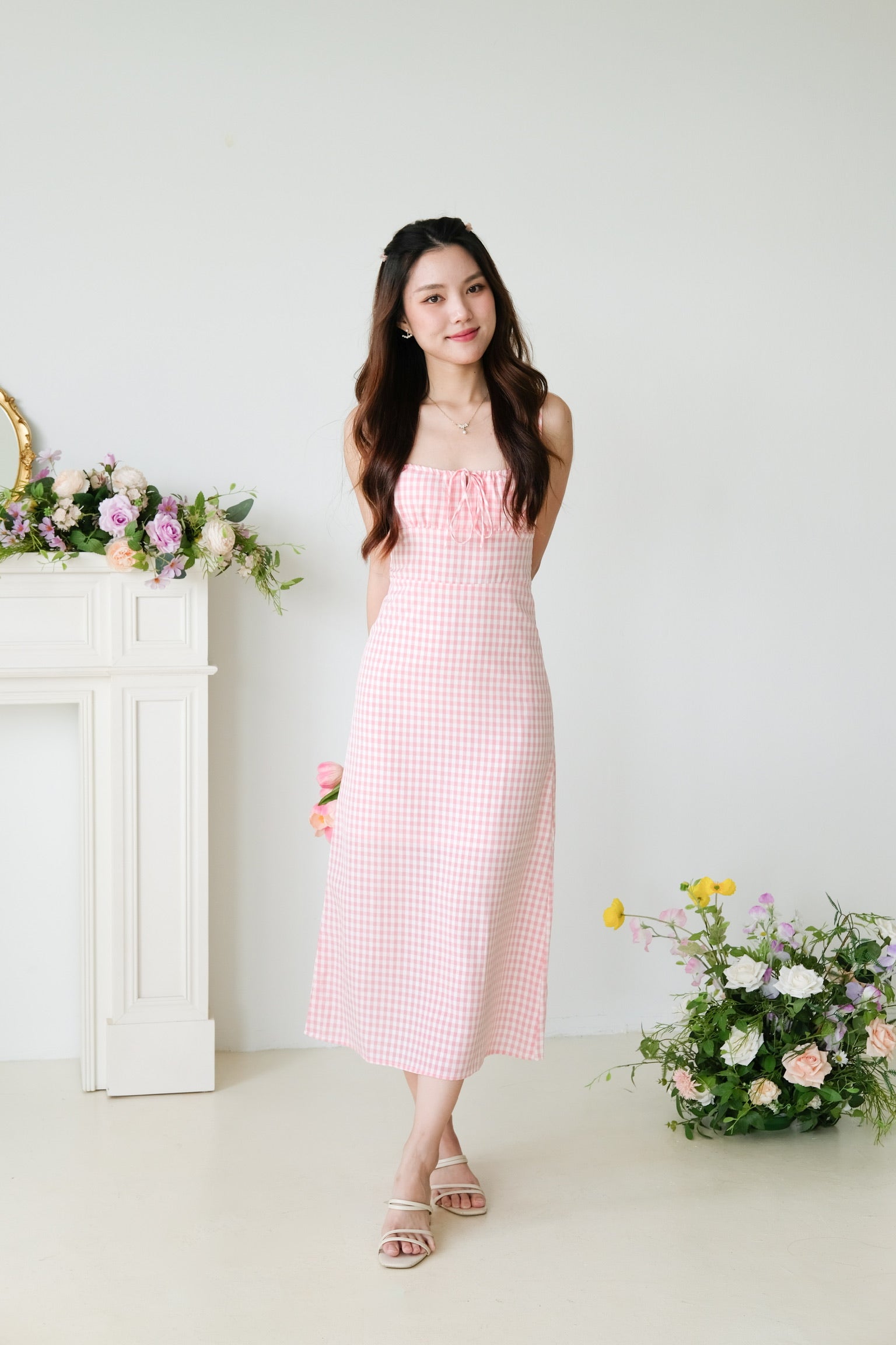 Veronnie Ruched Plaid Midi Dress (Pink)