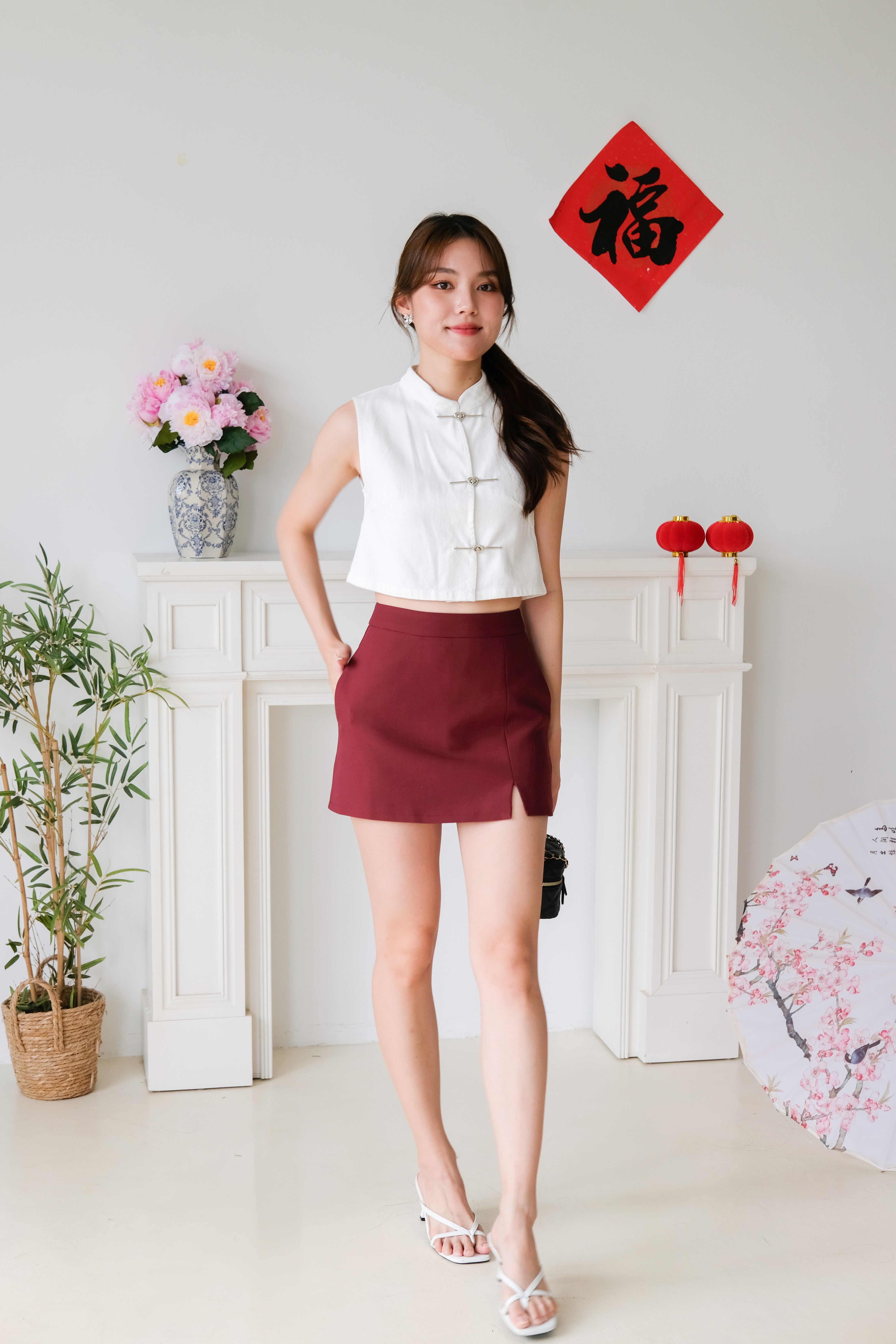 Andrea Denim Cheongsam Crop (White)