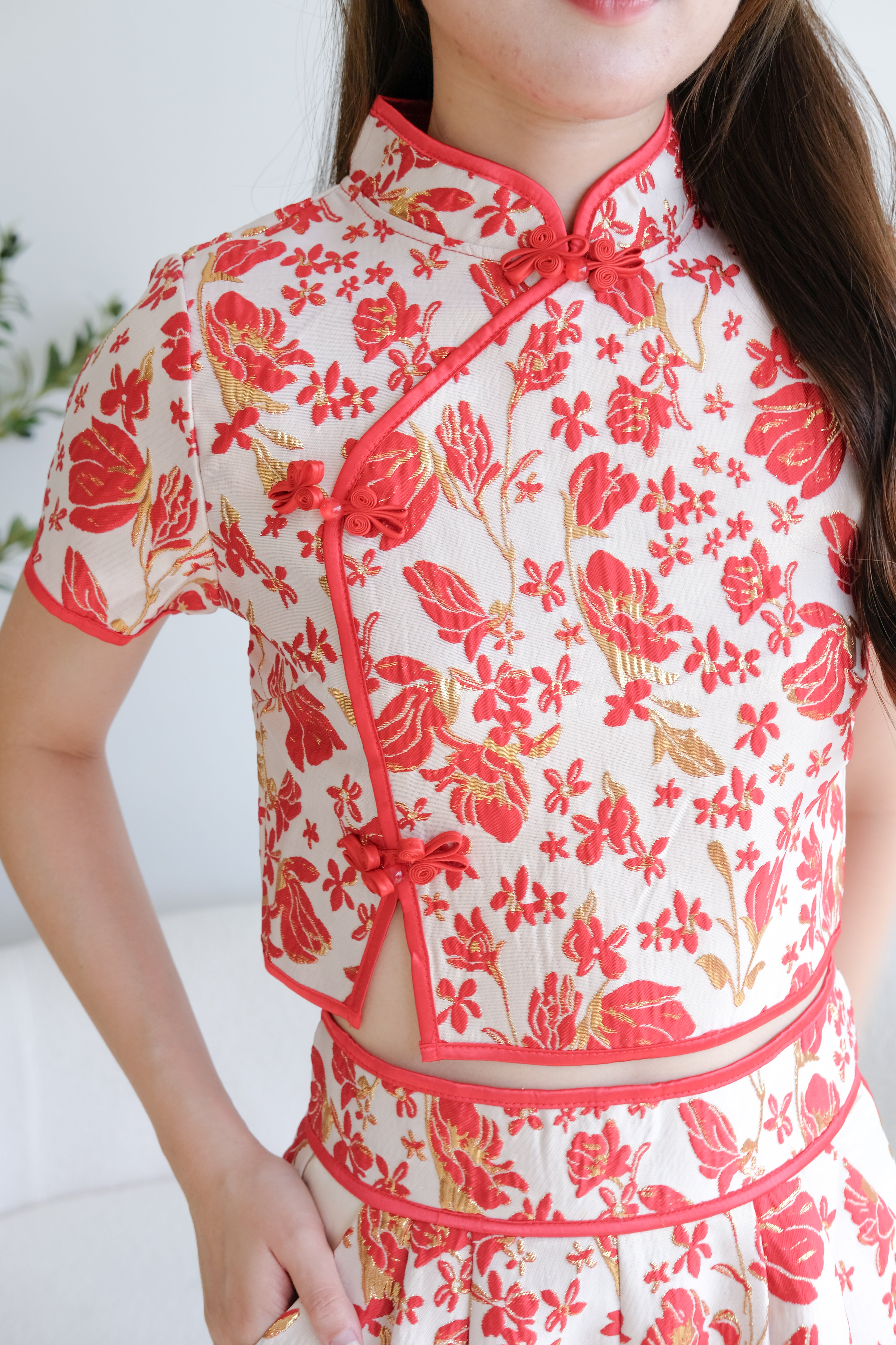 Ming Contrast Cheongsam Set (Red)