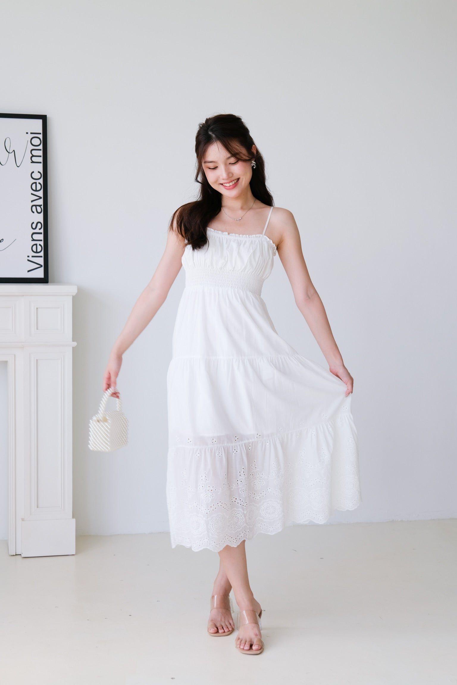 Adelaide Smocked Eyelet Maxi Dress (White)