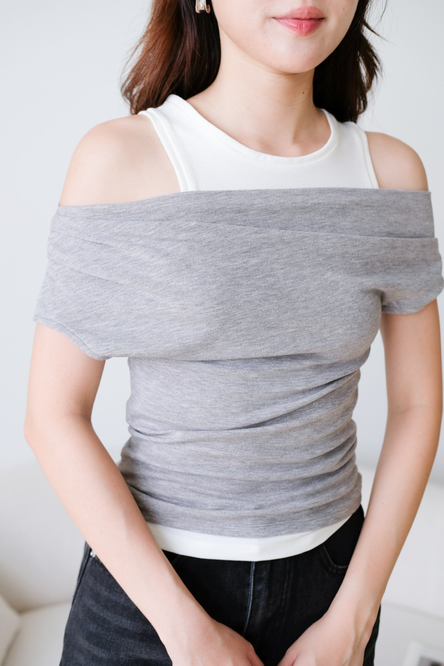Mila Cold Shoulder Cotton Tank Top (Light Grey)