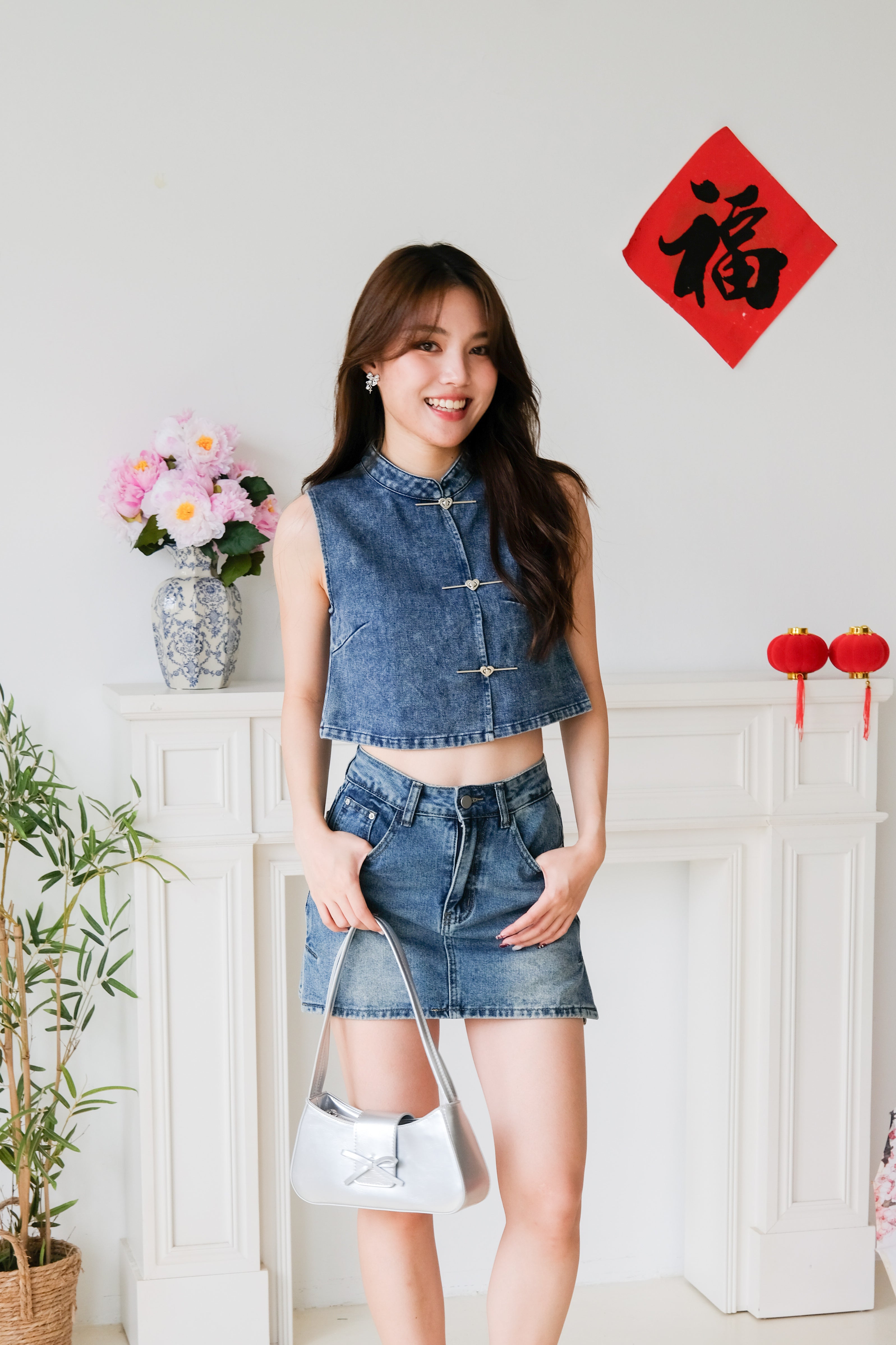 Andrea Denim Cheongsam Crop (Dark Blue)