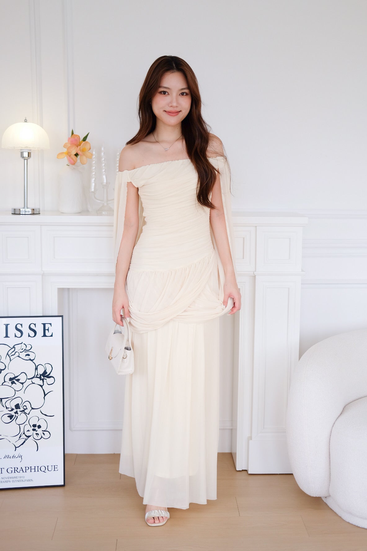 Jasmine Ruched Mesh Off Shoulder Maxi Dress (Pale Yellow)