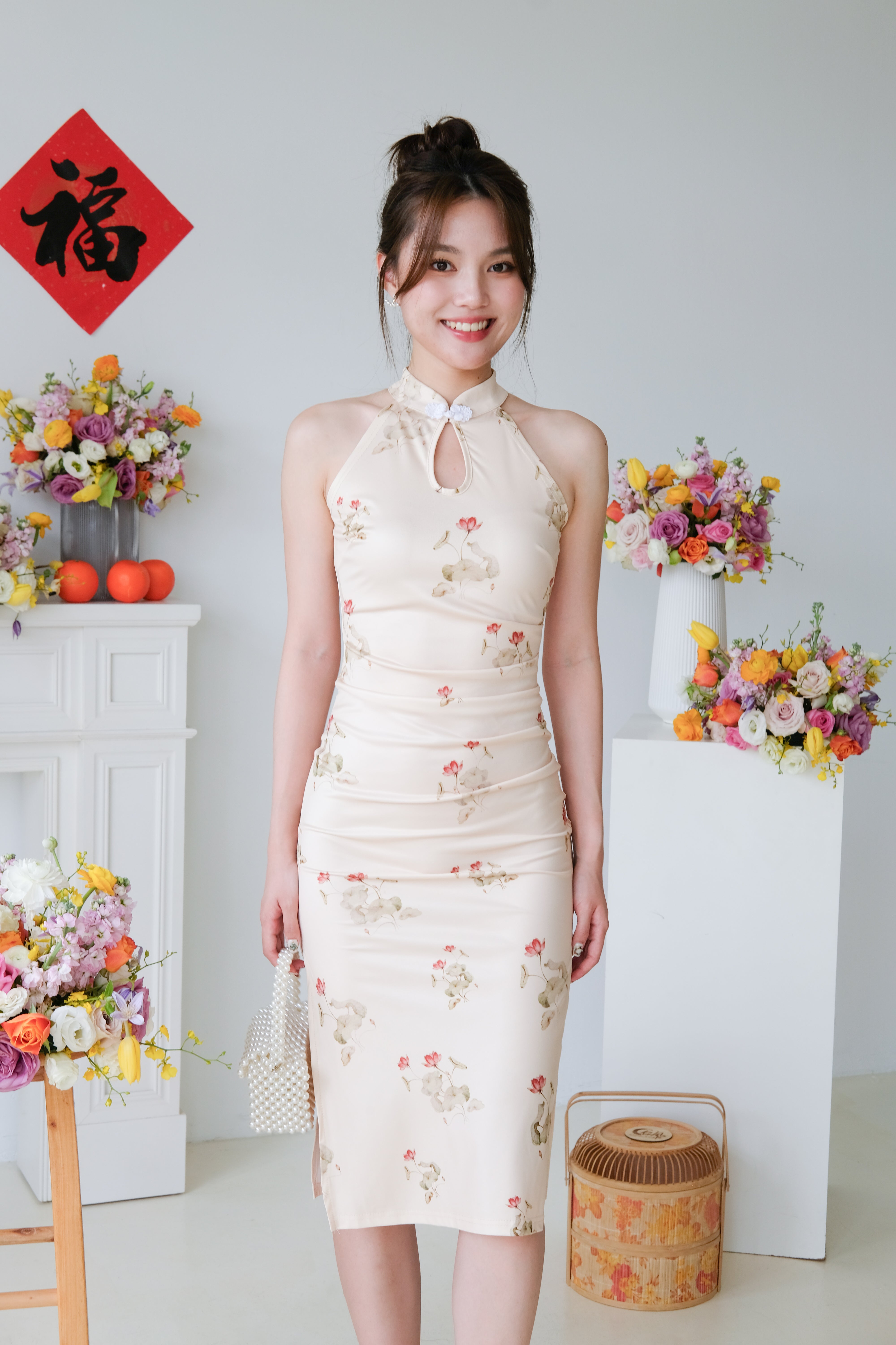 Hua Halter Slit Midi Cheongsam (Yellow)