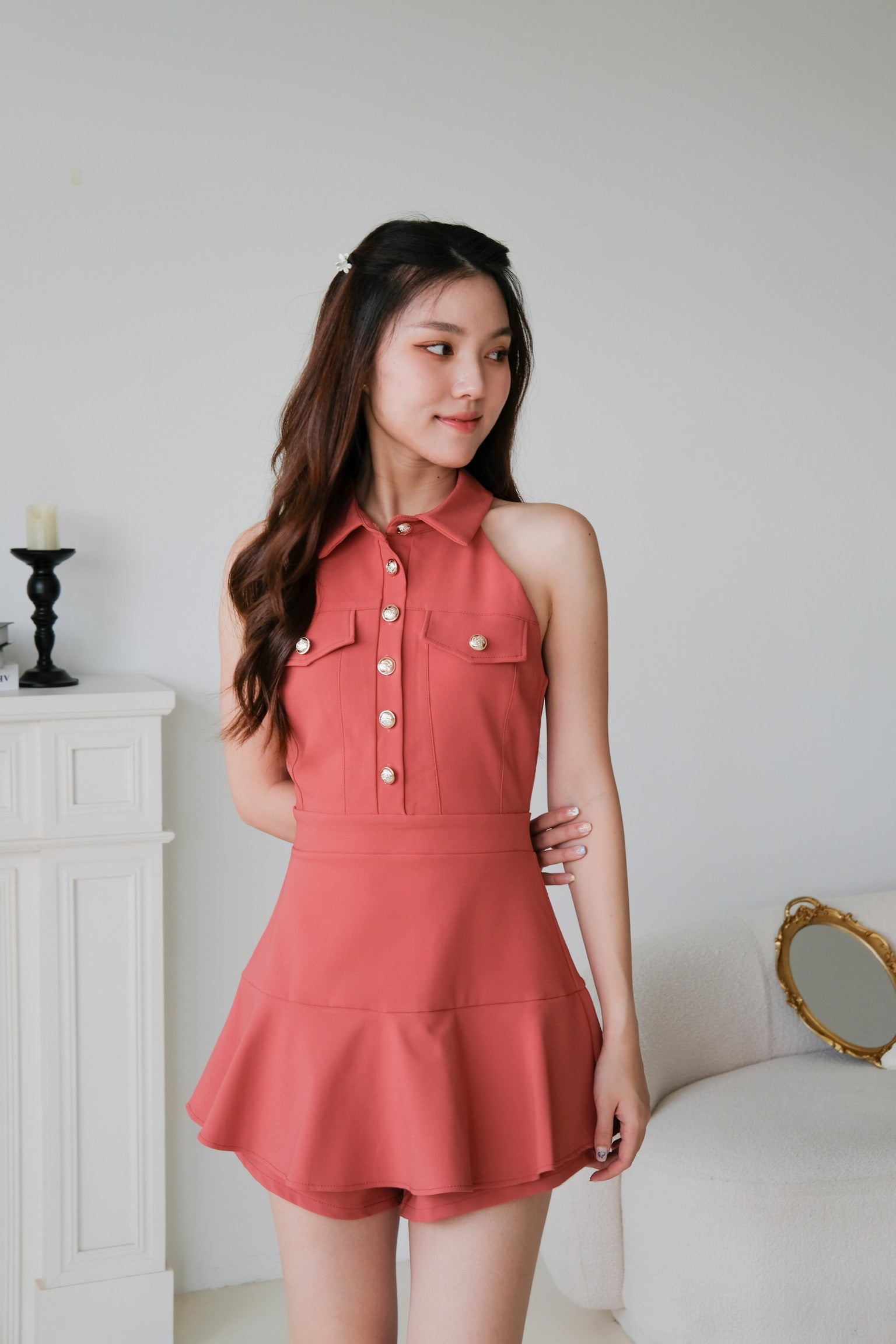 Dionne Gold Button Collared Romper (Brick Red)