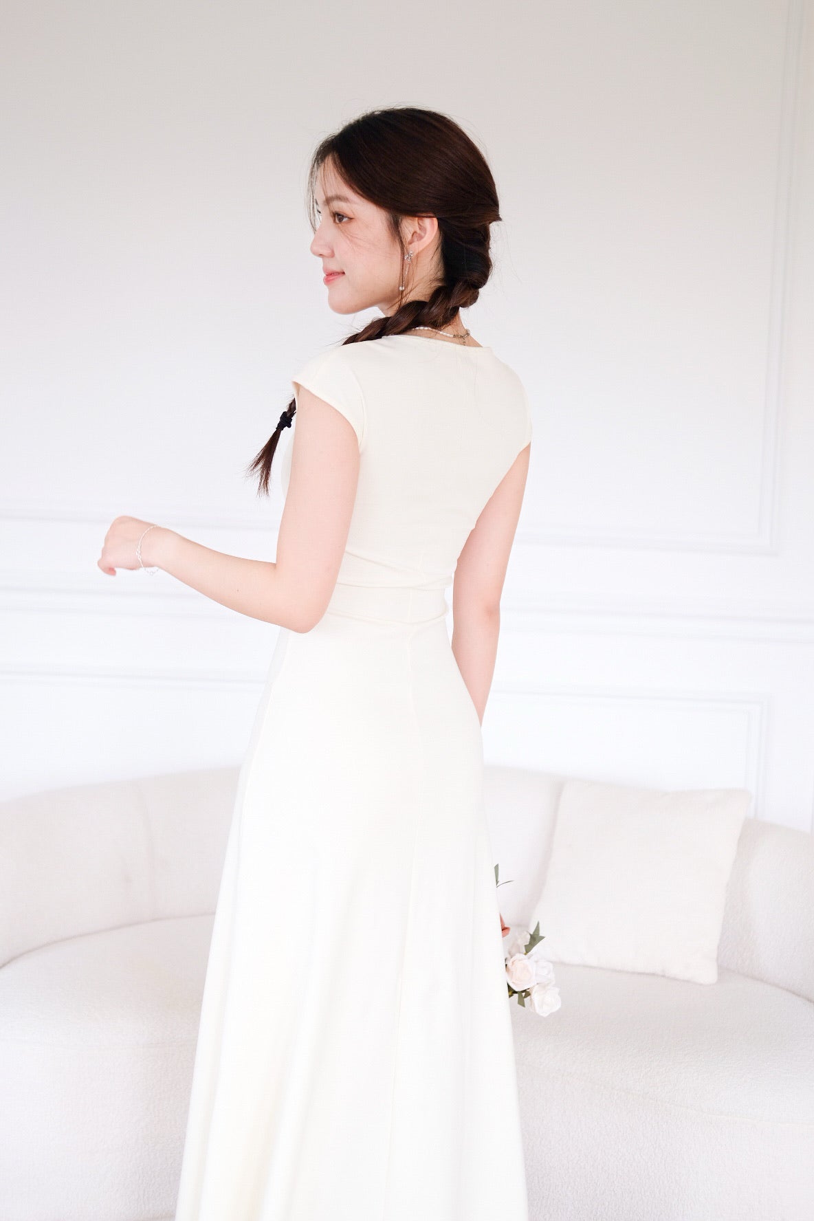 Jillian Padded Skater Maxi Dress (Beige)