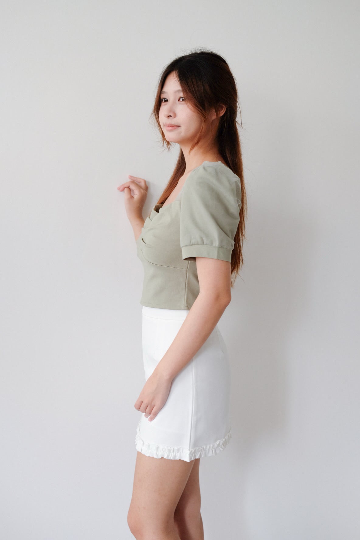 Green Ruched Puff Sleeve Top
