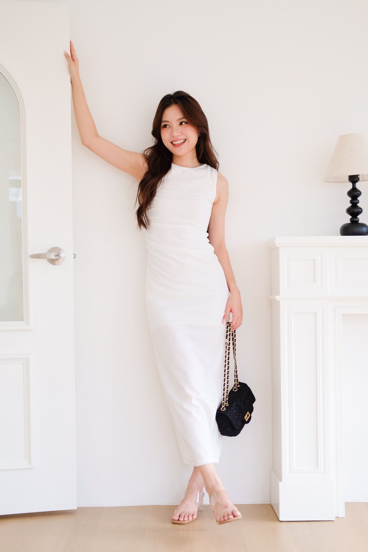 Brianna Ruched Jewel Bodycon Maxi Dress (White)