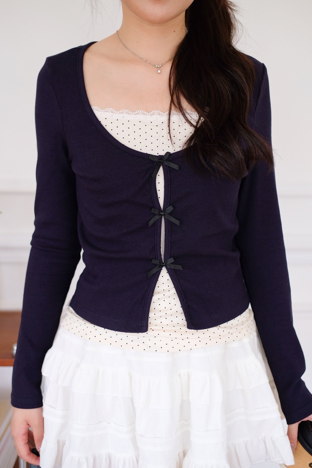 Ahyeon Contrast Polka Long Sleeve Top (Navy Blue)