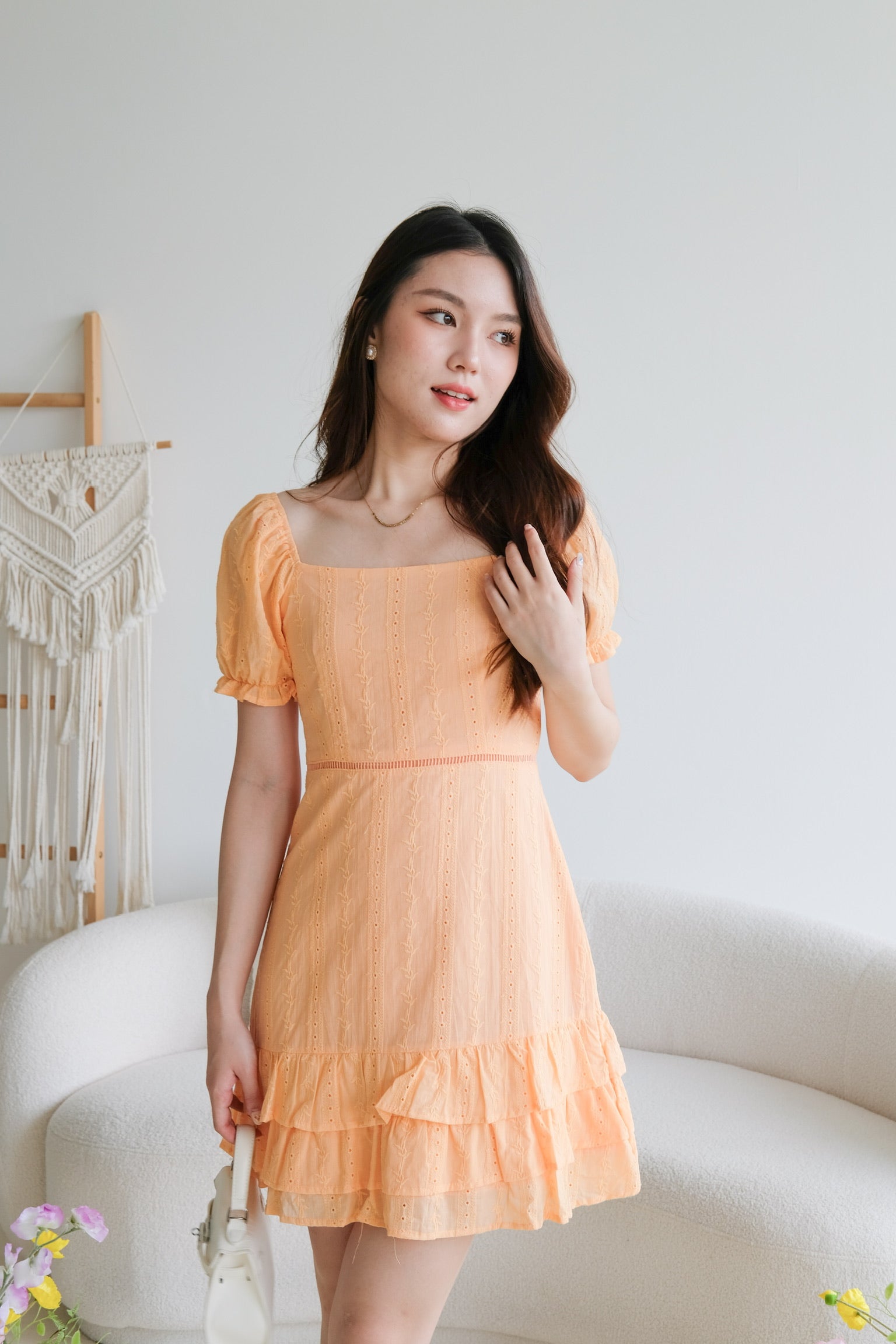 Evelyn Eyelet Ruffle Dress (Tangerine Orange)