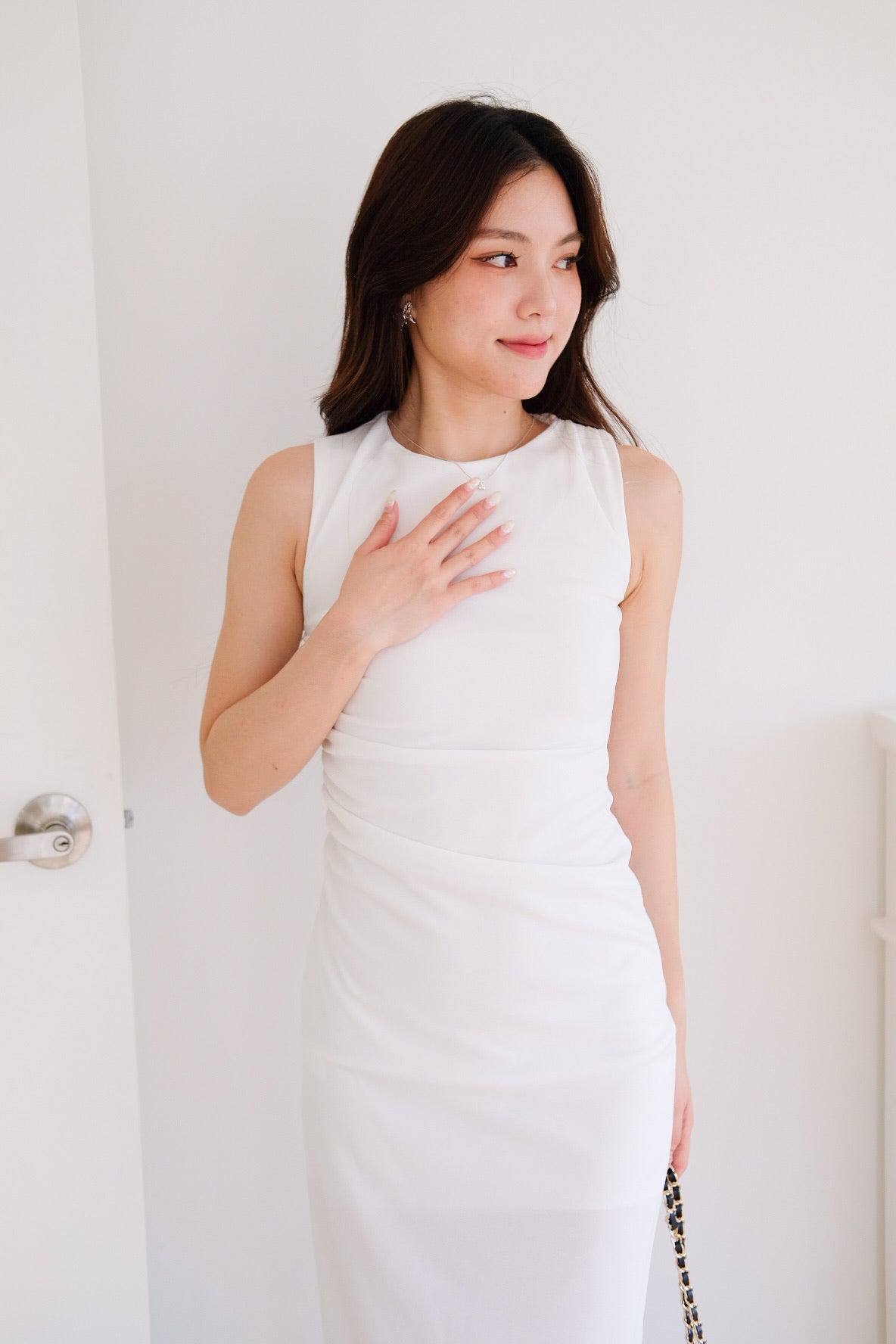 Brianna Ruched Jewel Bodycon Maxi Dress (White)