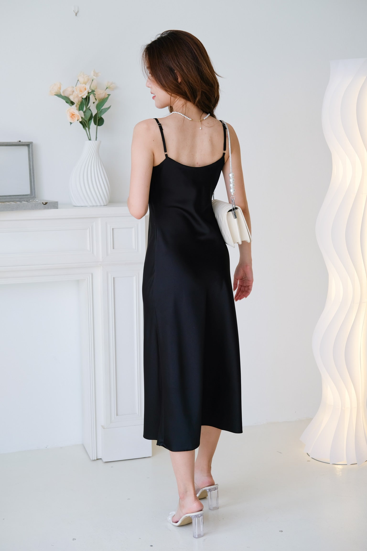 Elara Draped Satin Slip Dress (Black)