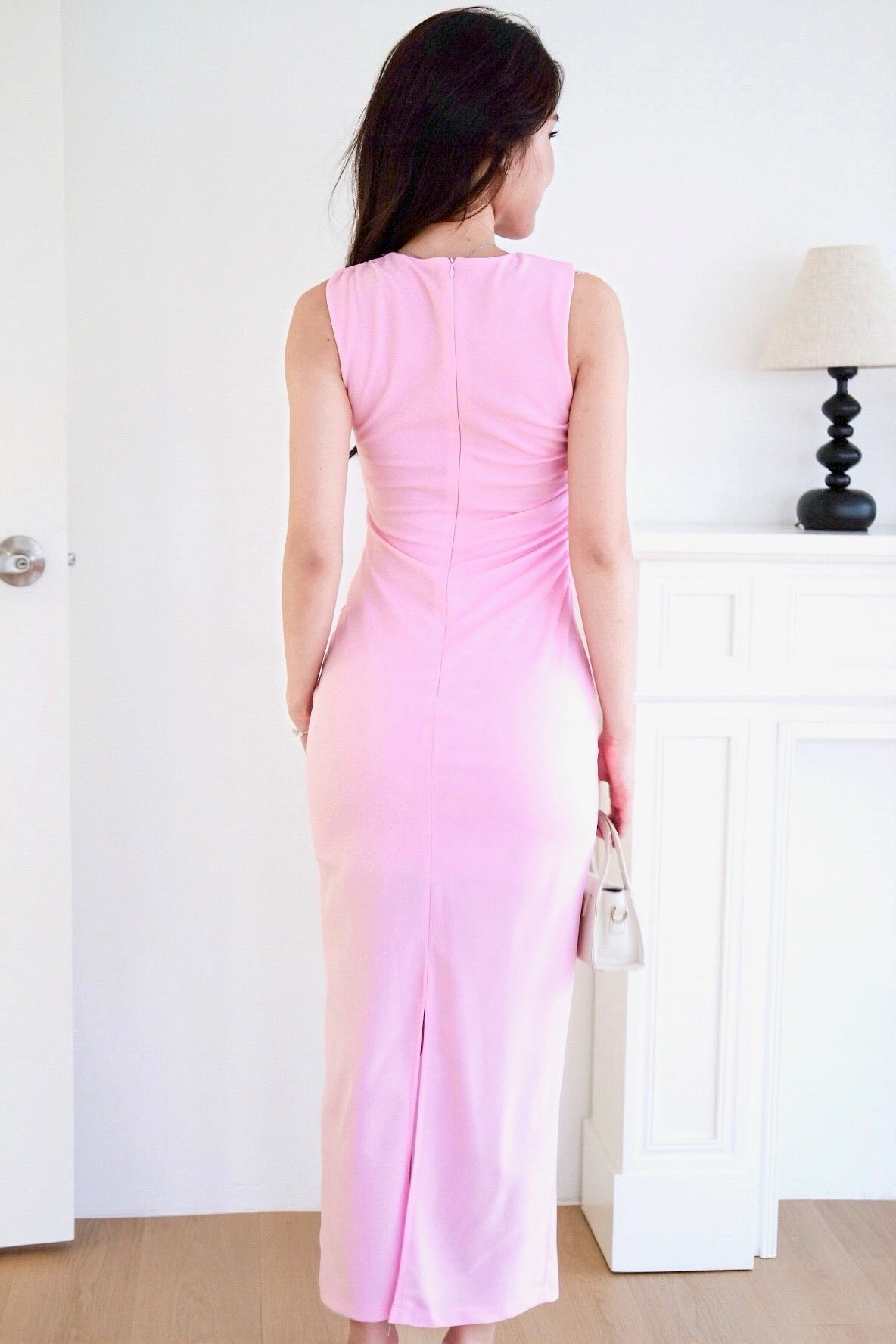 Brianna Ruched Jewel Bodycon Maxi Dress (Bright Pink)