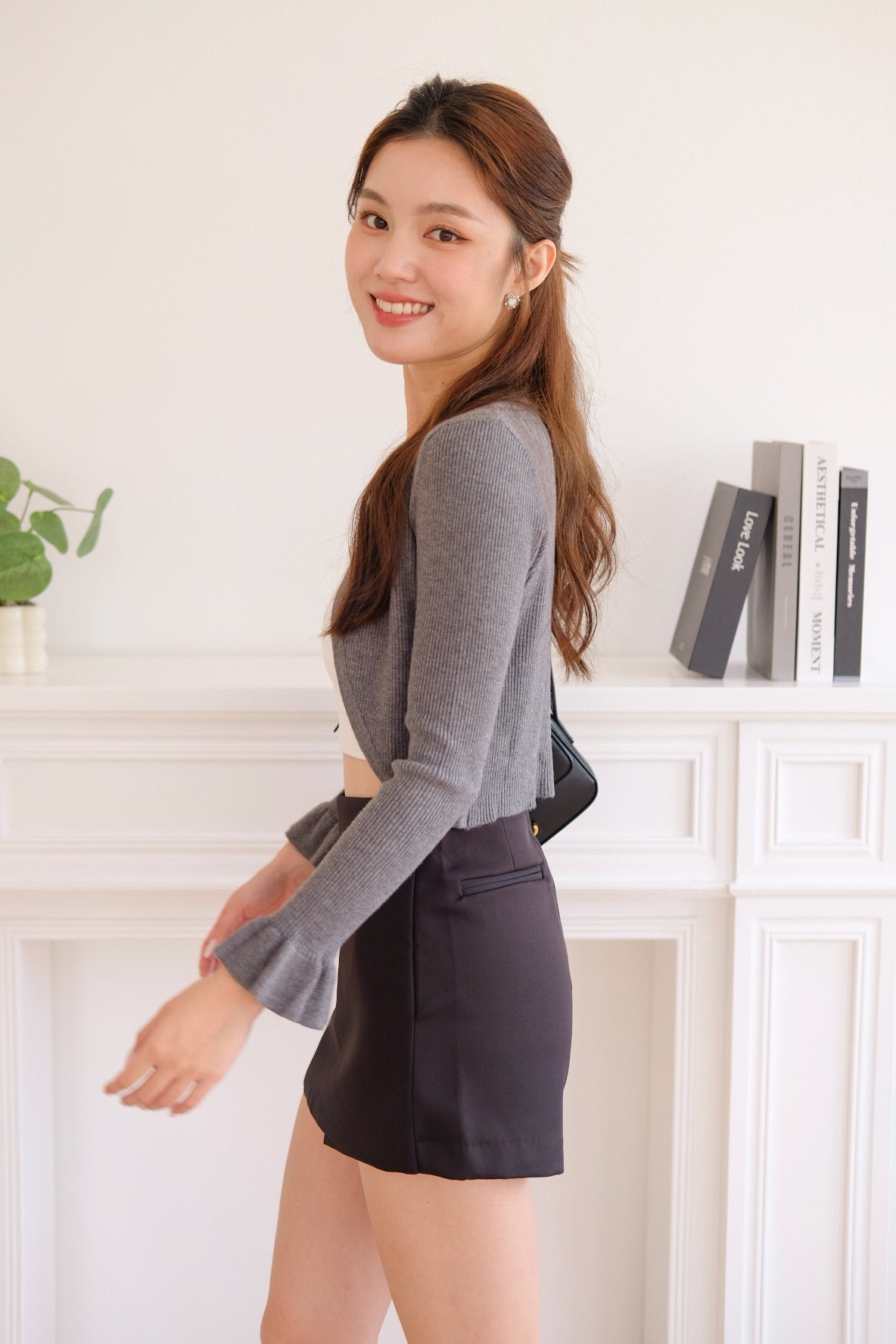 Corrine Bell Sleeves Cropped Cardigan (Dark Grey)