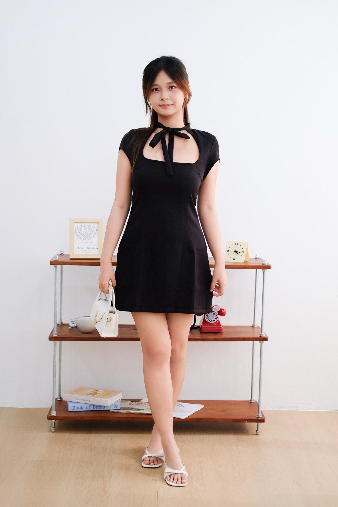 Black Square Neck Ribbon Mini Dress