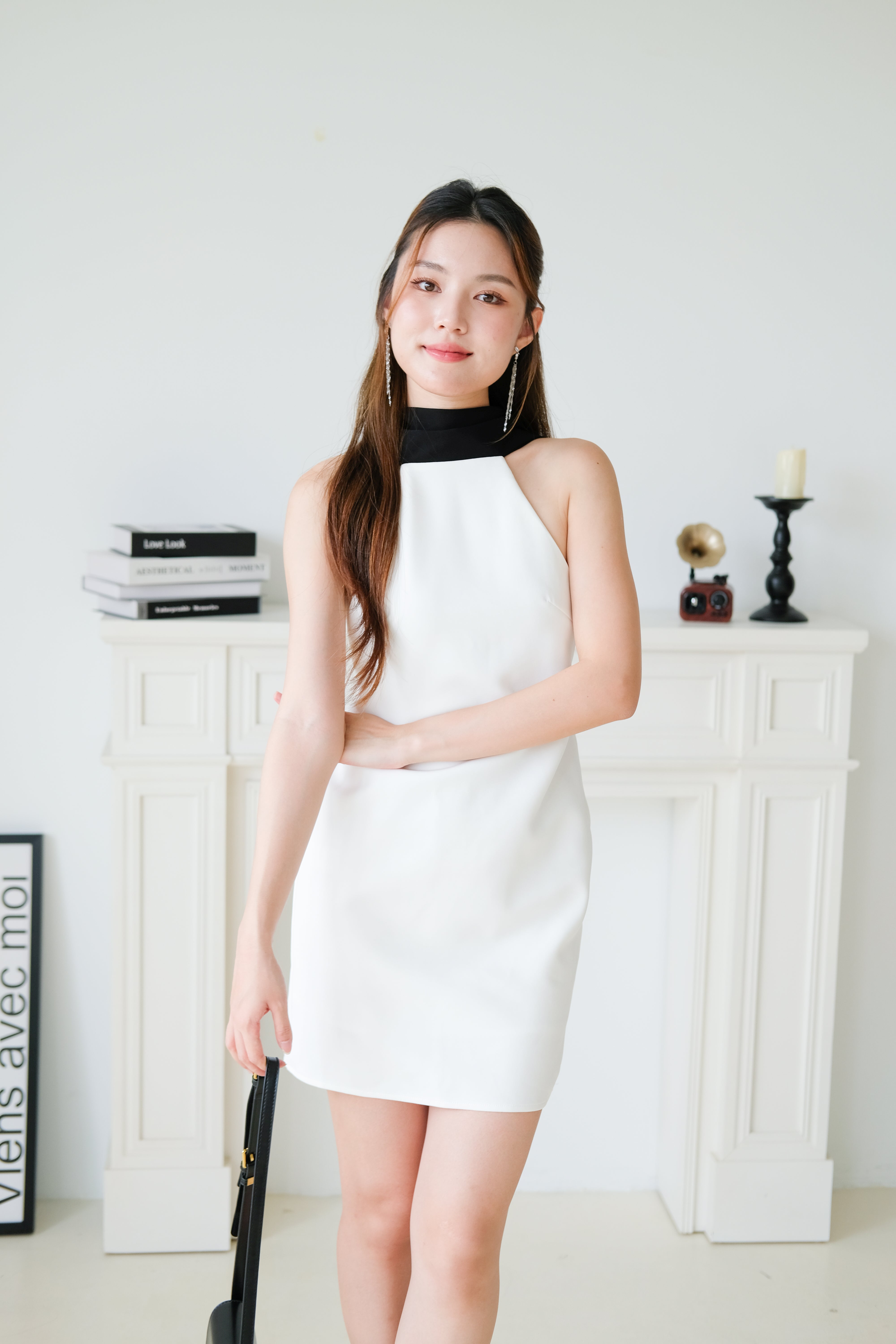 Axelle Contrast Bareback Halter Dress (White)
